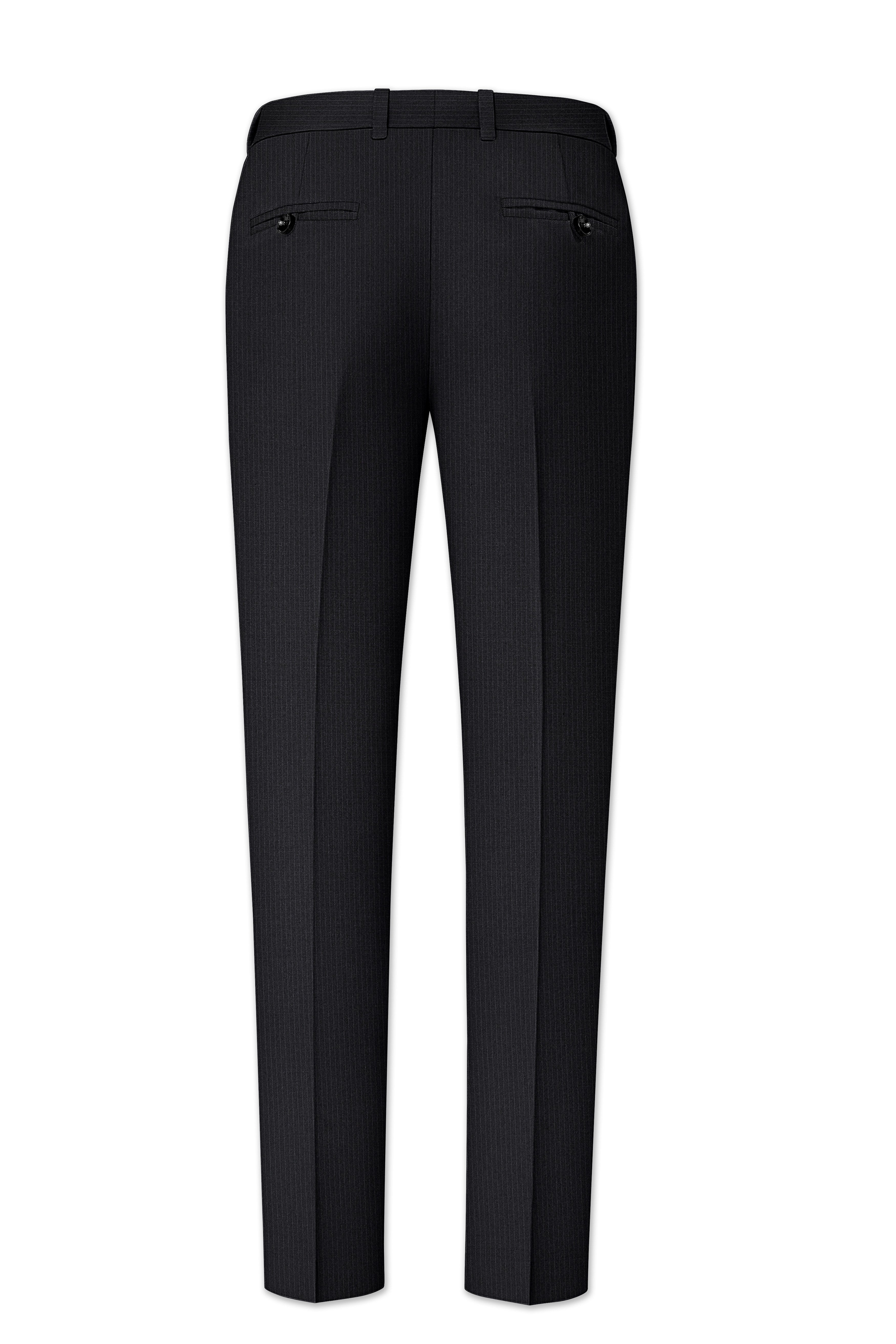 Noir-Jade Black Pencil Striped Wool Rich Slight Stretch Cross Placket Bandhgala Suit