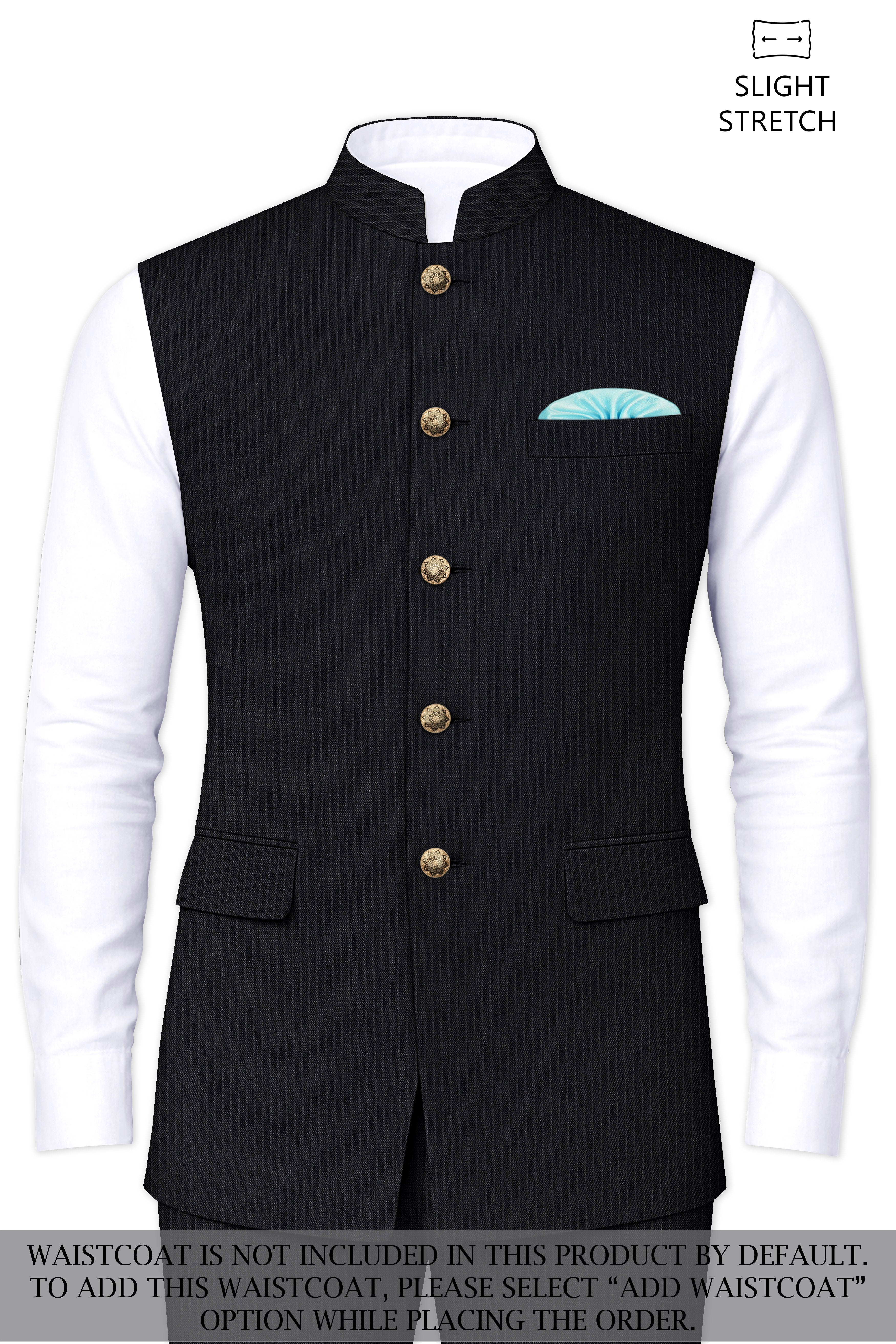 Noir-Jade Black Pencil Striped Wool Rich Slight Stretch Cross Placket Bandhgala Suit