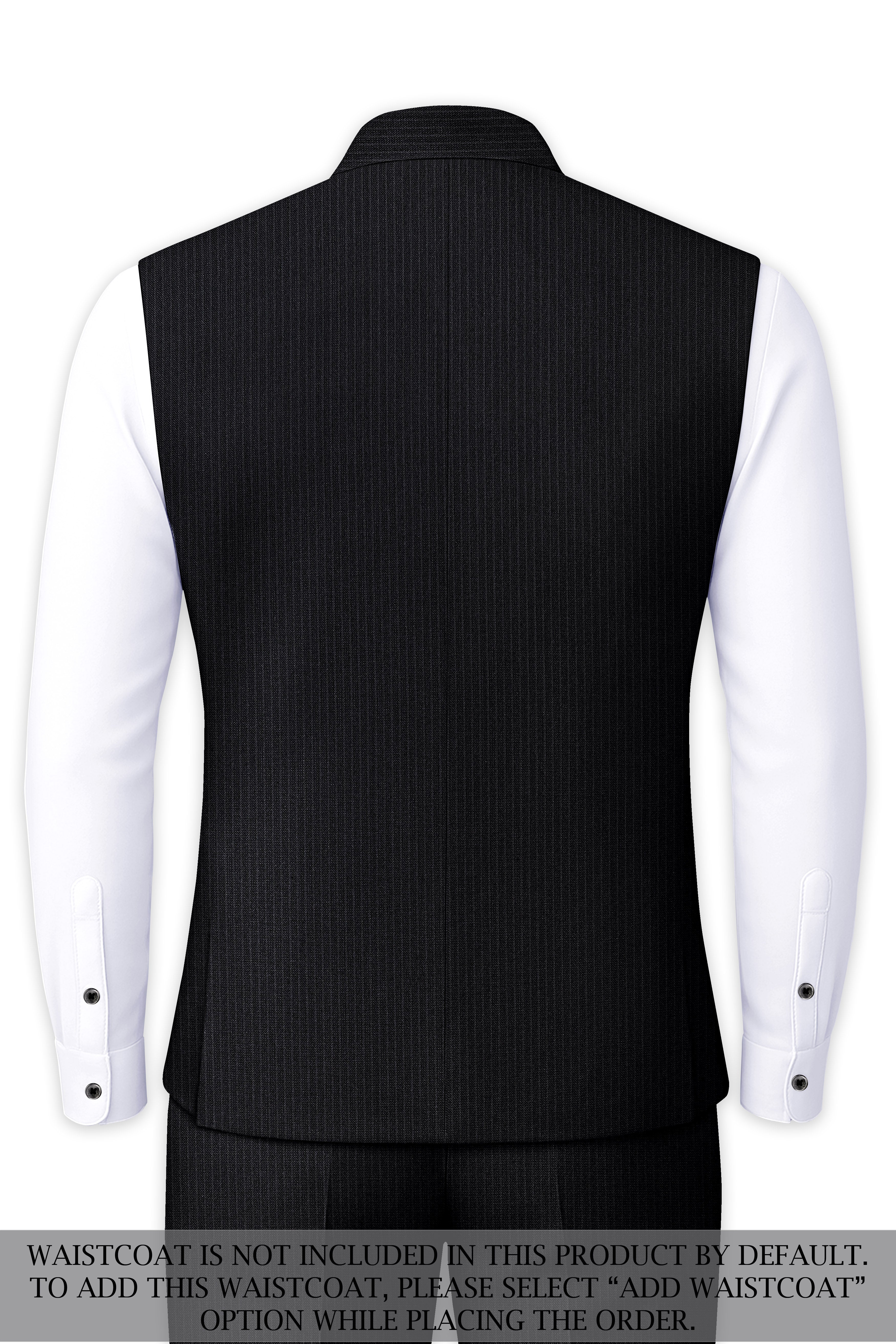 Noir-Jade Black Pencil Striped Wool Rich Slight Stretch Cross Placket Bandhgala Suit