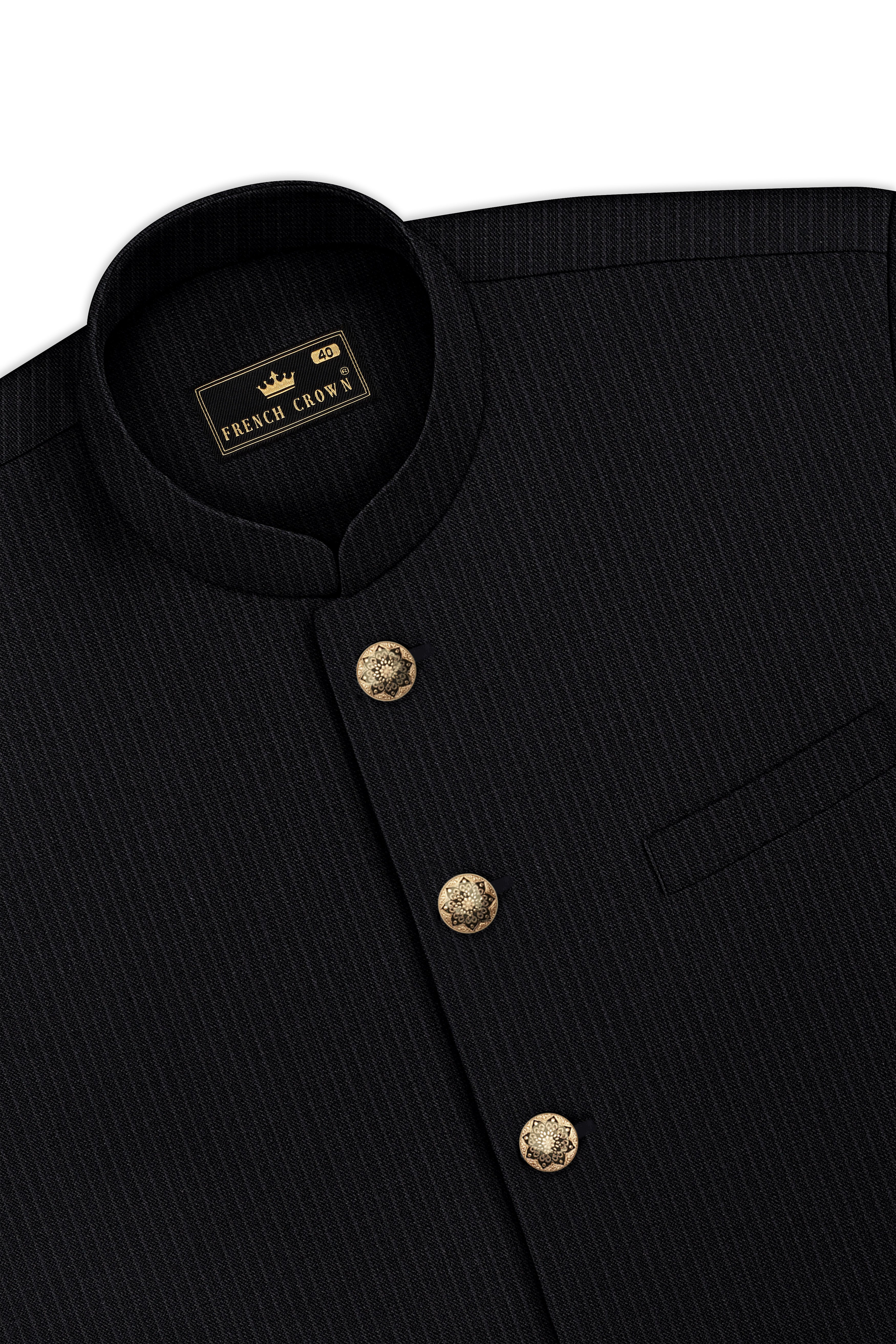 Noir-Jade Black Pencil Striped Wool Rich Slight Stretch Cross Placket Bandhgala Suit