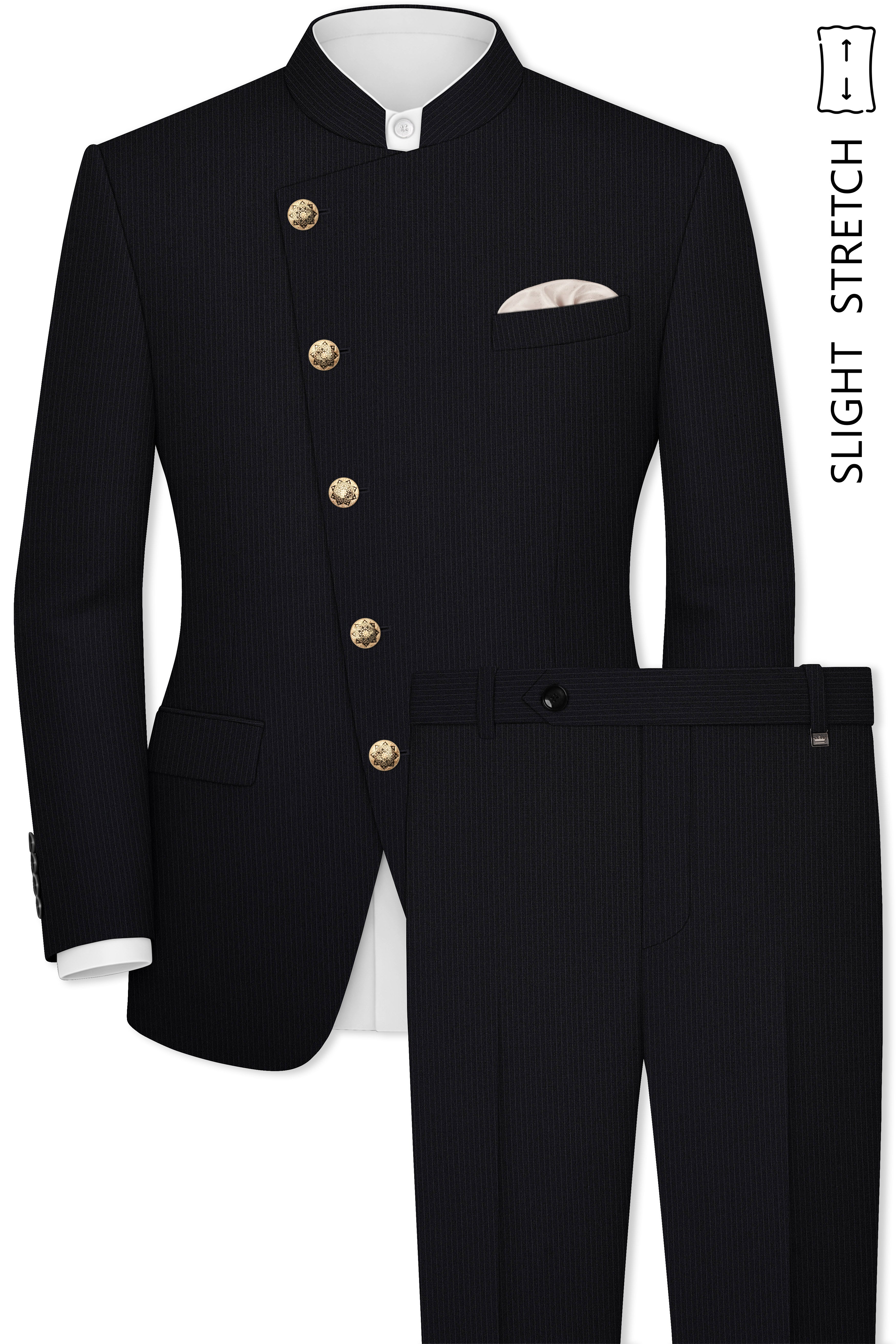 Noir-Jade Black Pencil Striped Wool Rich Slight Stretch Cross Placket Bandhgala Suit