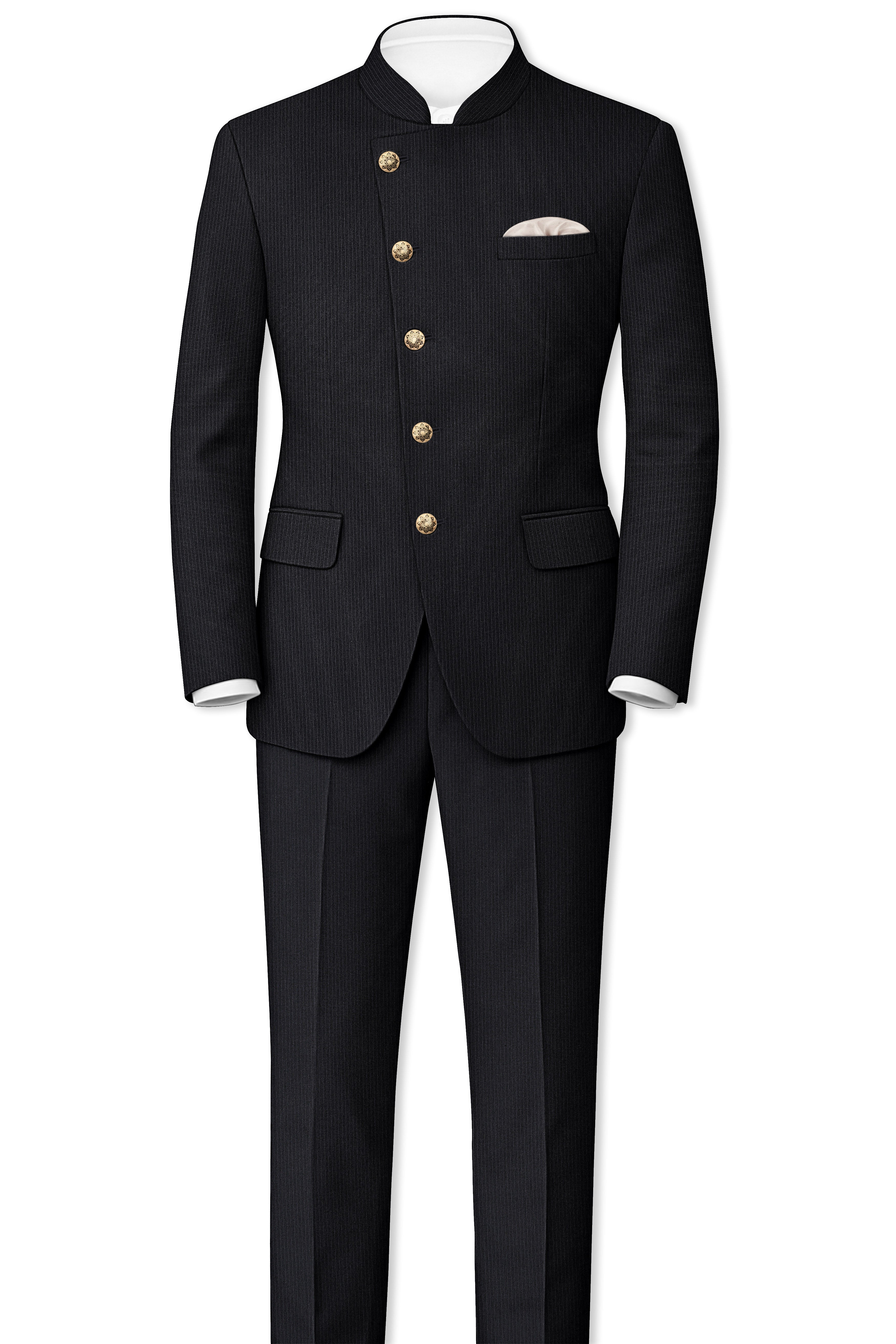 Noir-Jade Black Pencil Striped Wool Rich Slight Stretch Cross Placket Bandhgala Suit