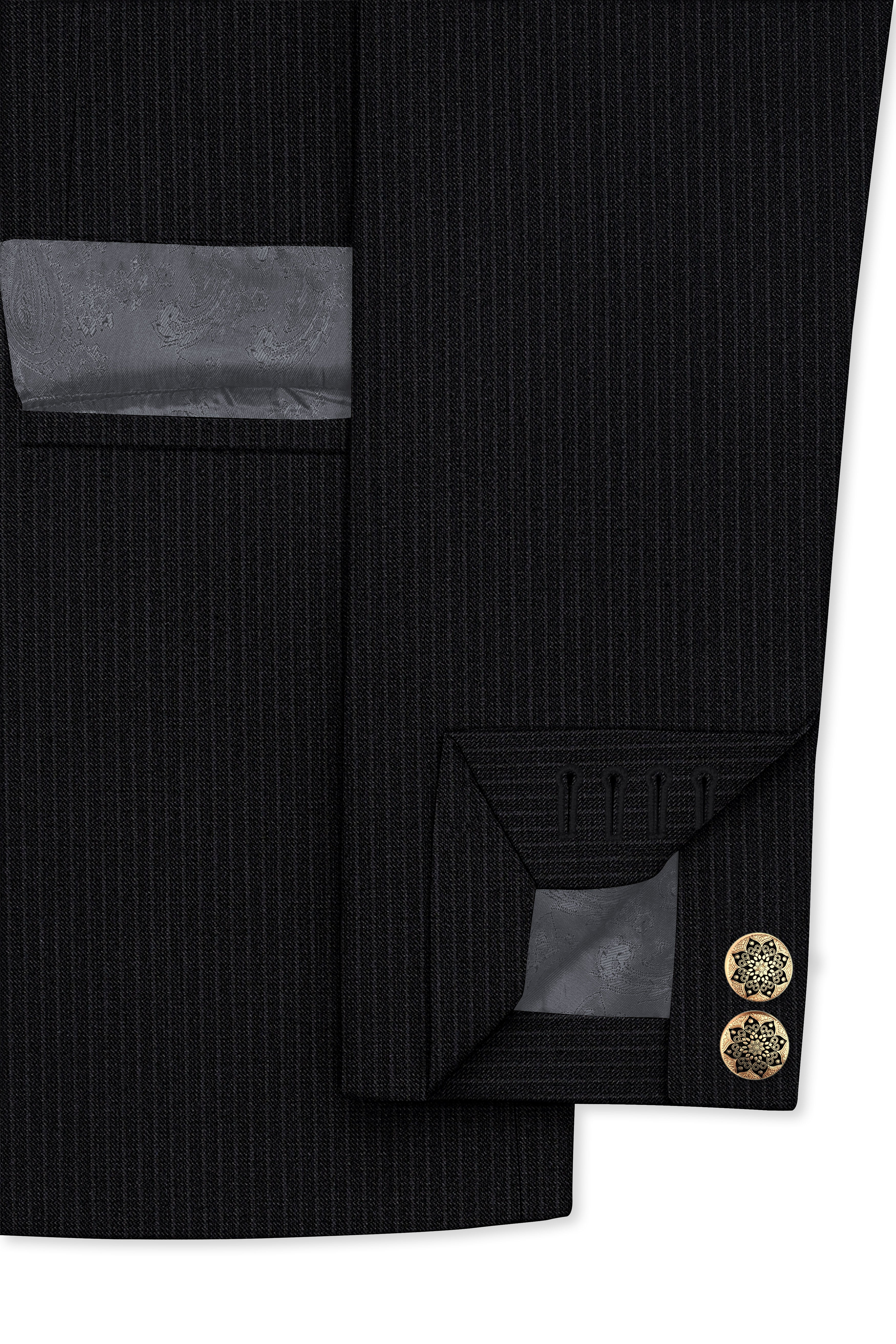 Noir-Jade Black Pencil Striped Wool Rich Slight Stretch Cross Placket Bandhgala Suit