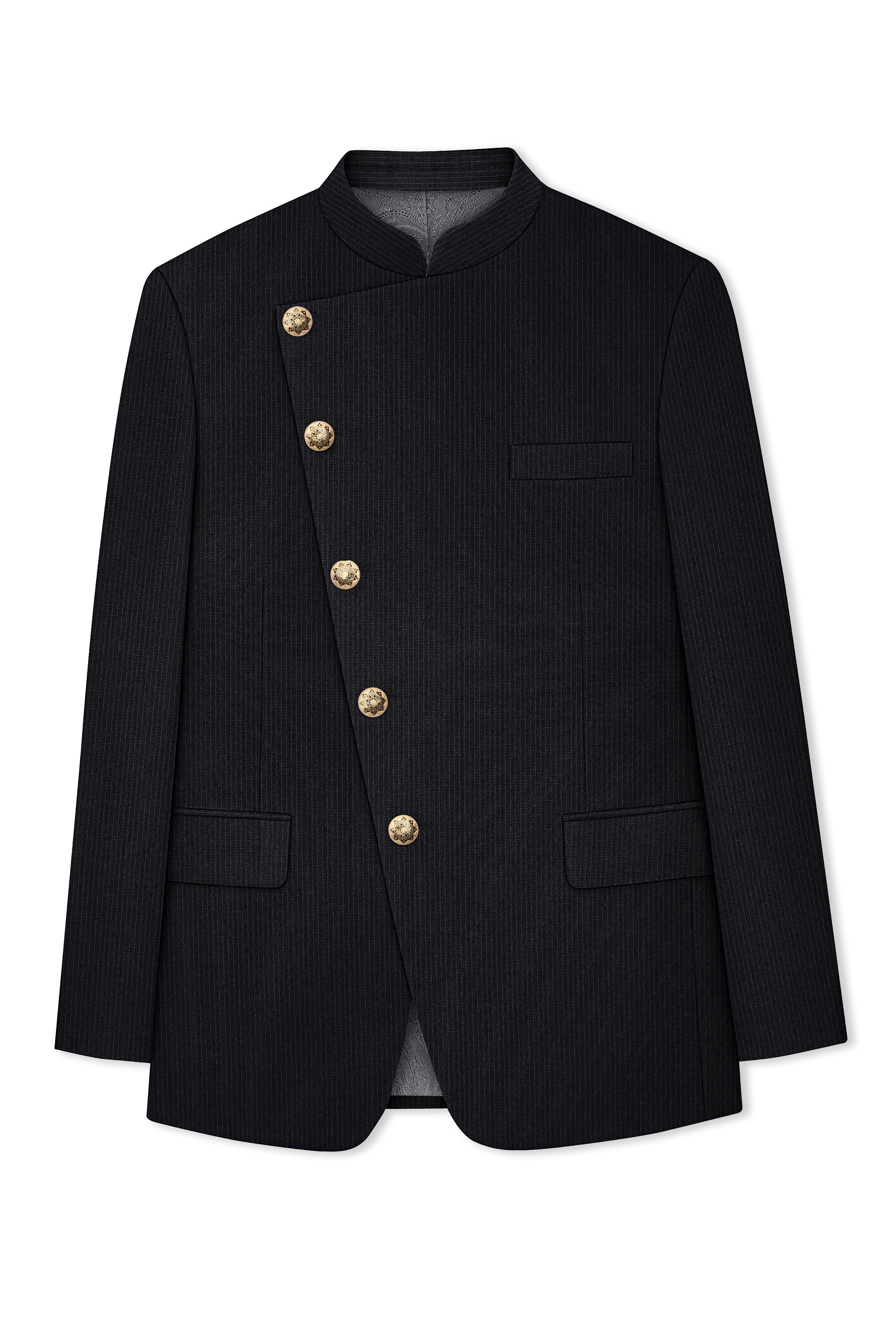 Noir-Jade Black Pencil Striped Wool Rich Slight Stretch Cross Placket Bandhgala Suit