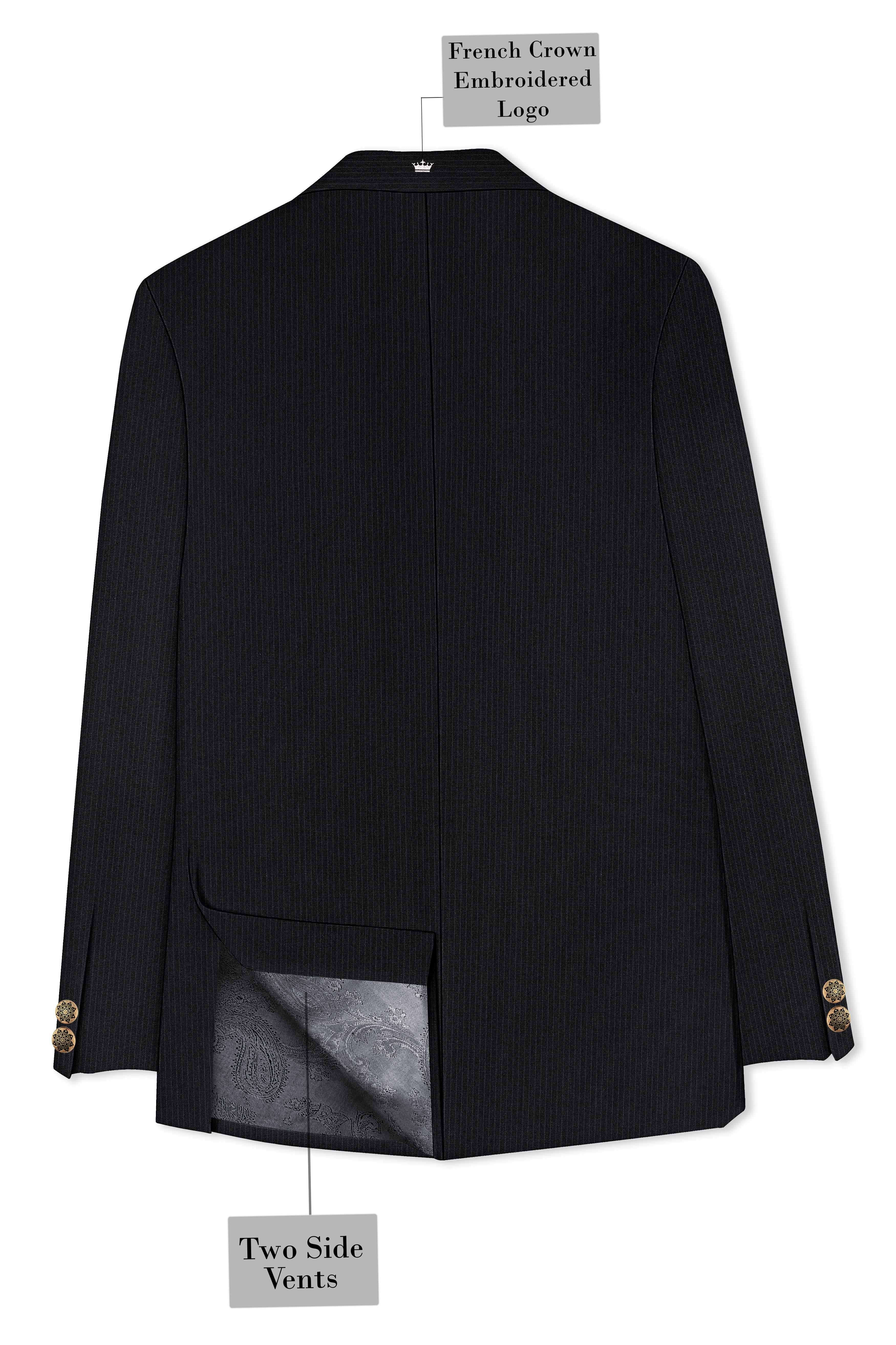 Noir-Jade Black Pencil Striped Wool Rich Slight Stretch Cross Placket Bandhgala Suit