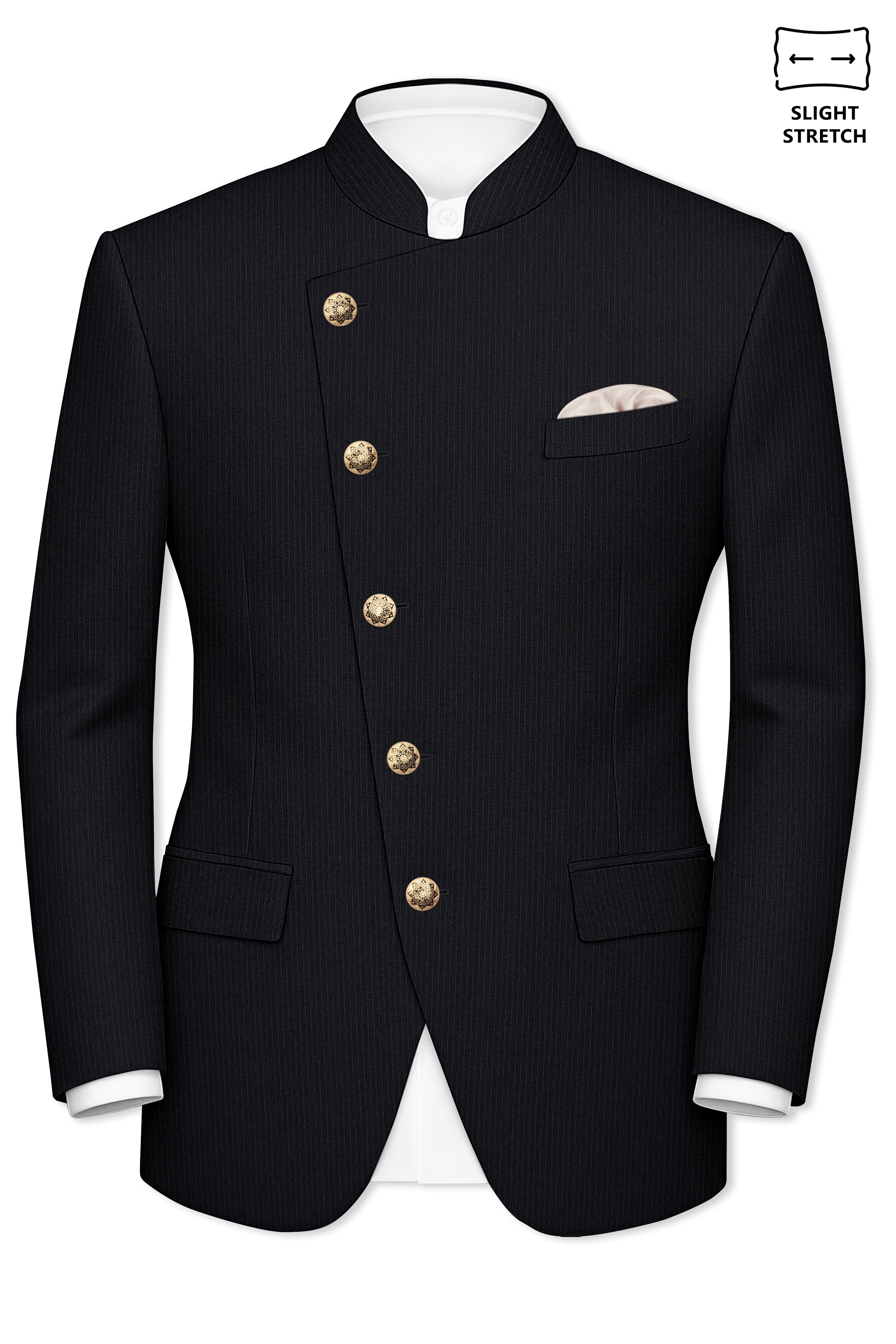 Noir-Jade Black Pencil Striped Wool Rich Slight Stretch Cross Placket Bandhgala Suit