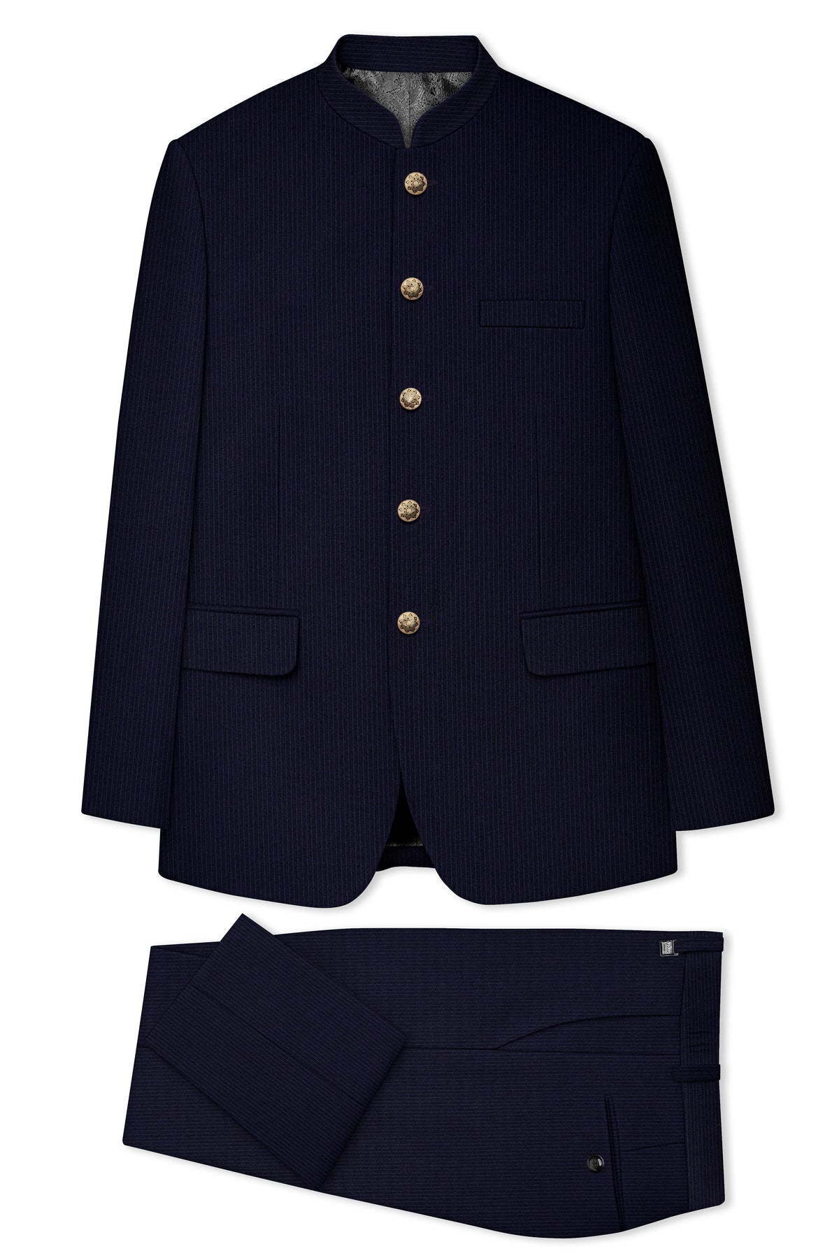 Elion-Bunker Blue Pencil Striped Wool Rich Bandhgala Slight Stretch Suit
