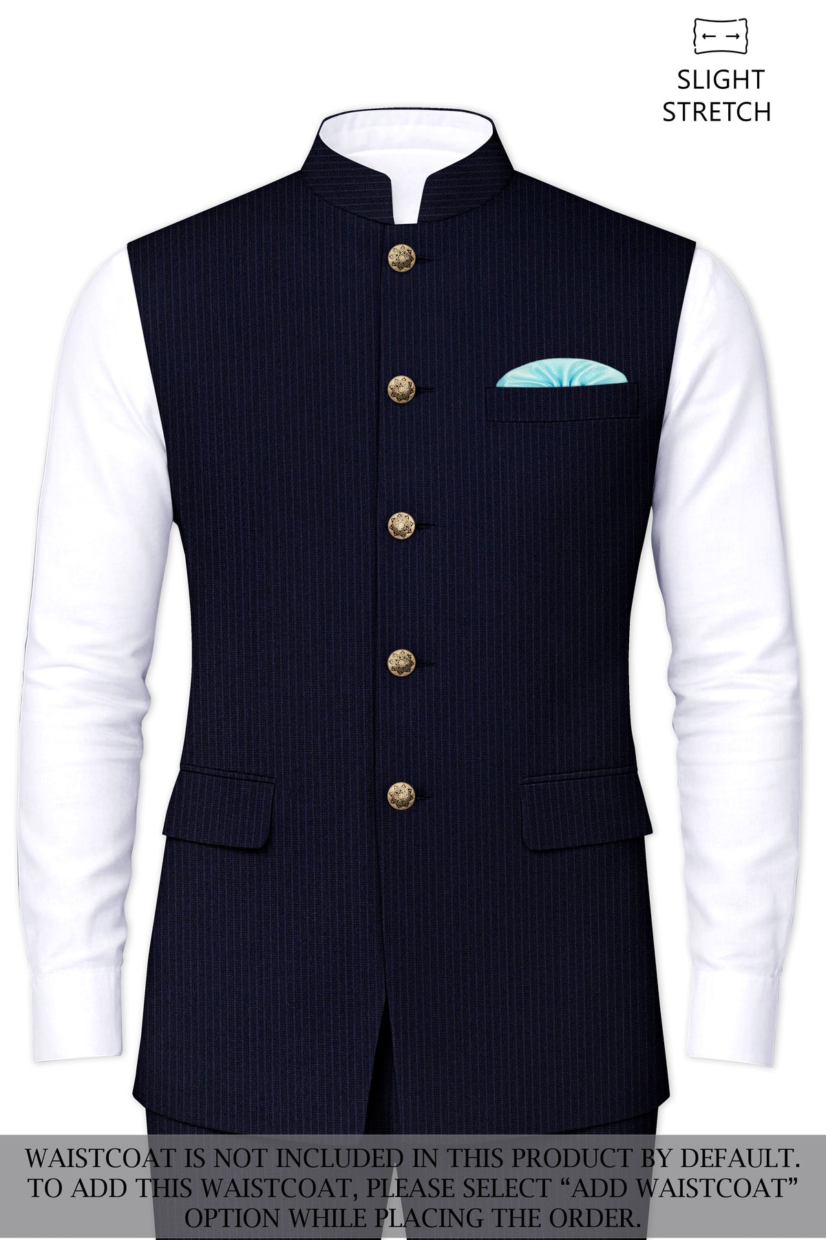 Elion-Bunker Blue Pencil Striped Wool Rich Bandhgala Slight Stretch Suit