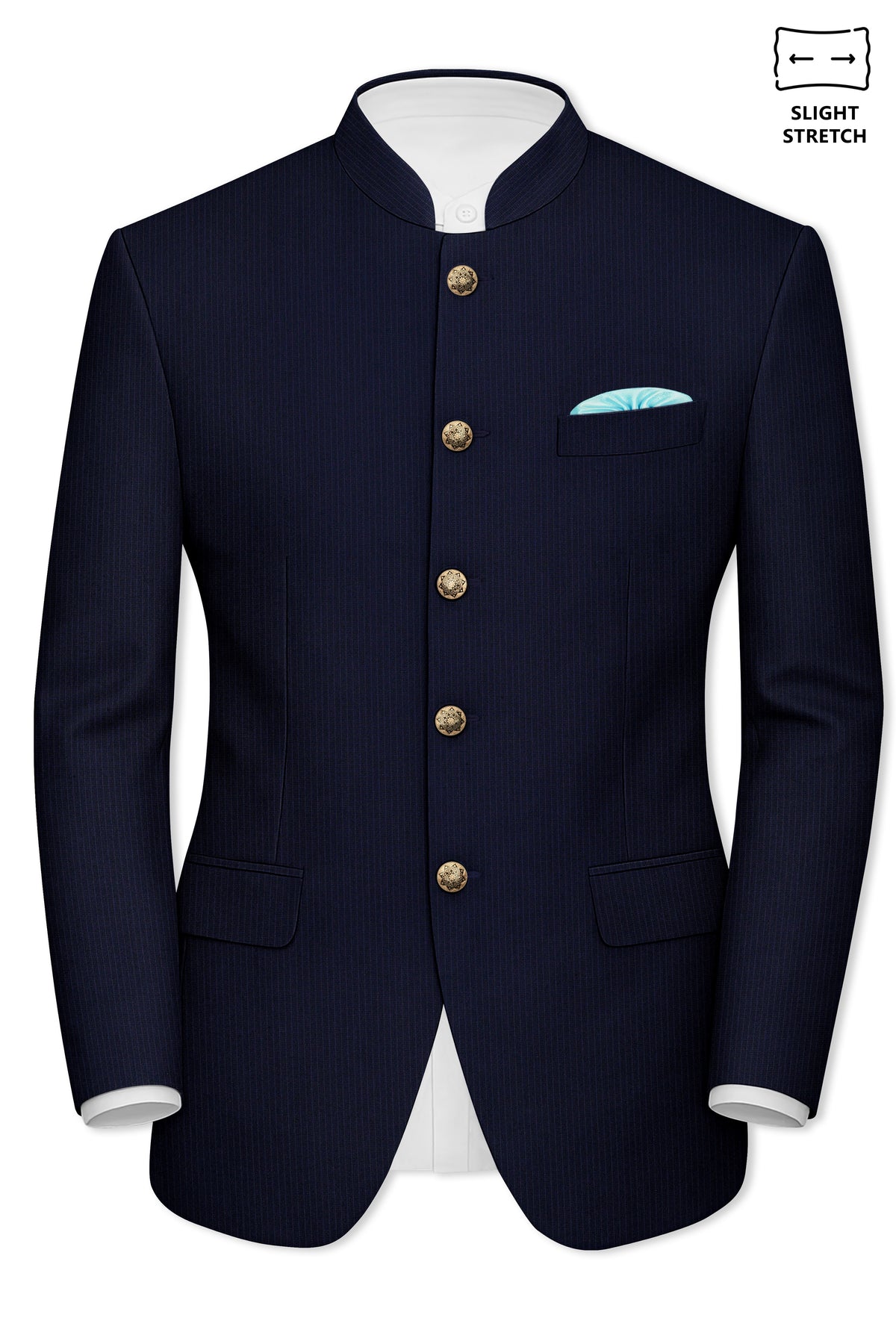 Elion-Bunker Blue Pencil Striped Wool Rich Bandhgala Slight Stretch Suit