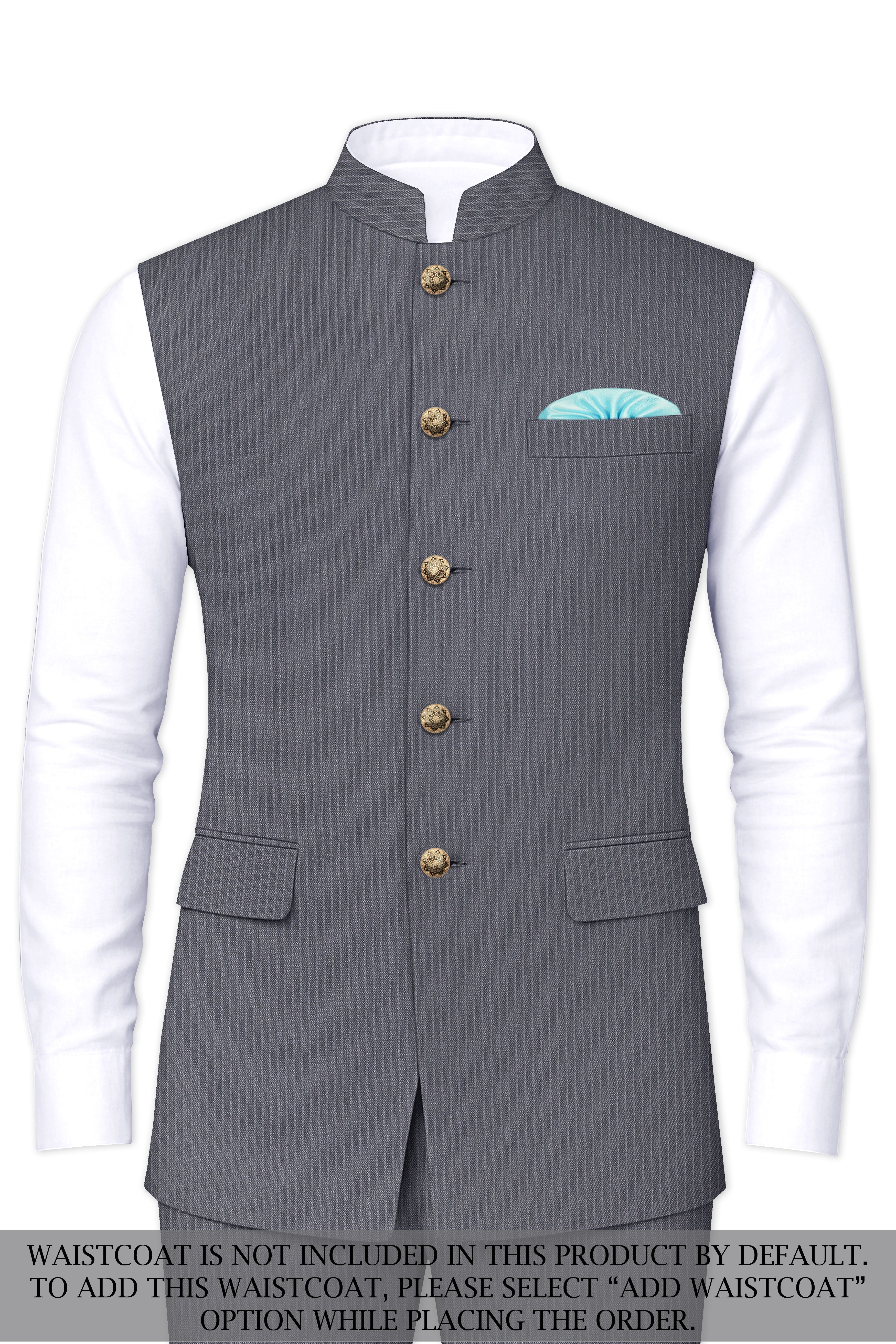 Apex-Ironside Gray Pencil Striped Wool Rich Bandhgala Slight Stretch Suit