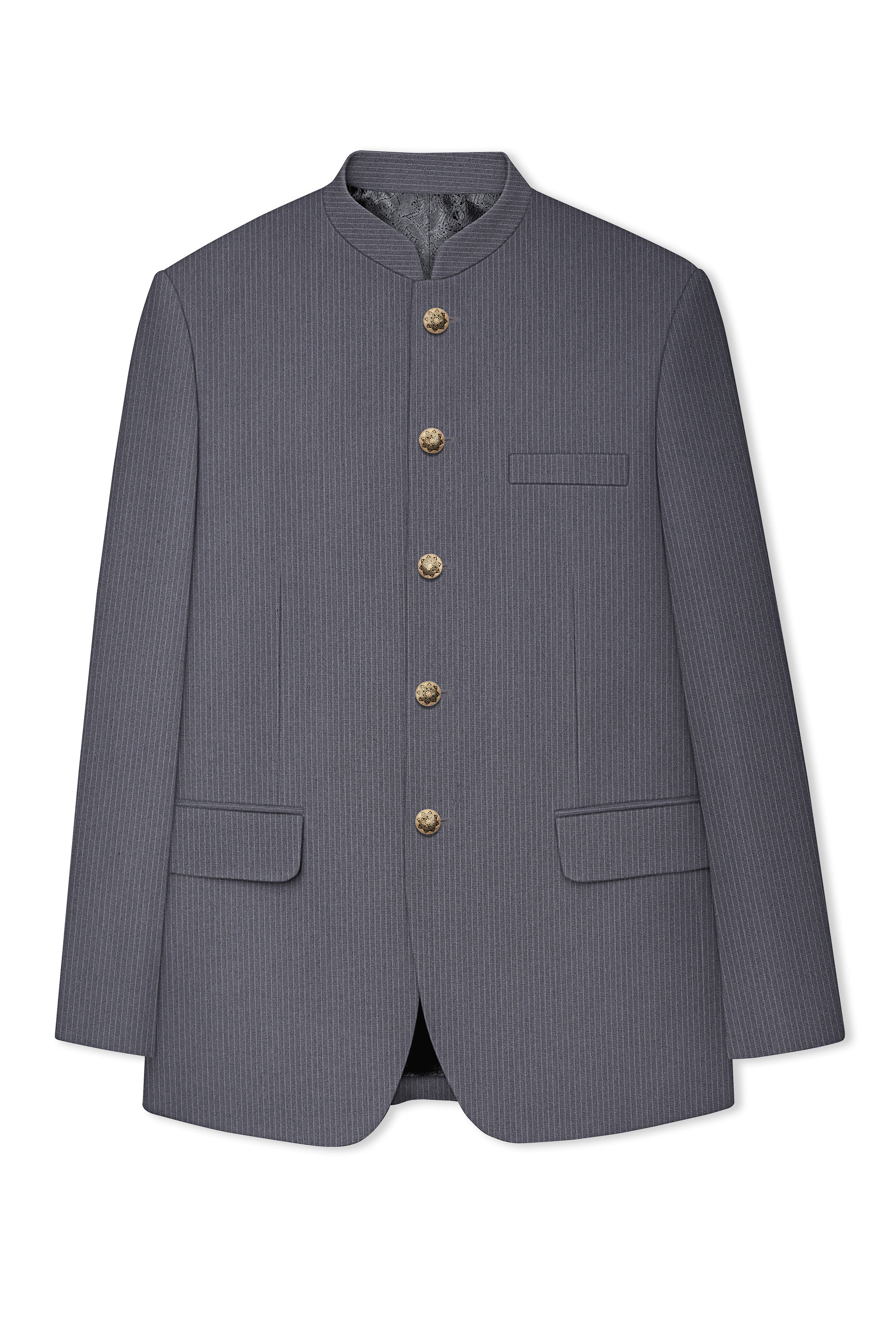 Apex-Ironside Gray Pencil Striped Wool Rich Bandhgala Slight Stretch Suit
