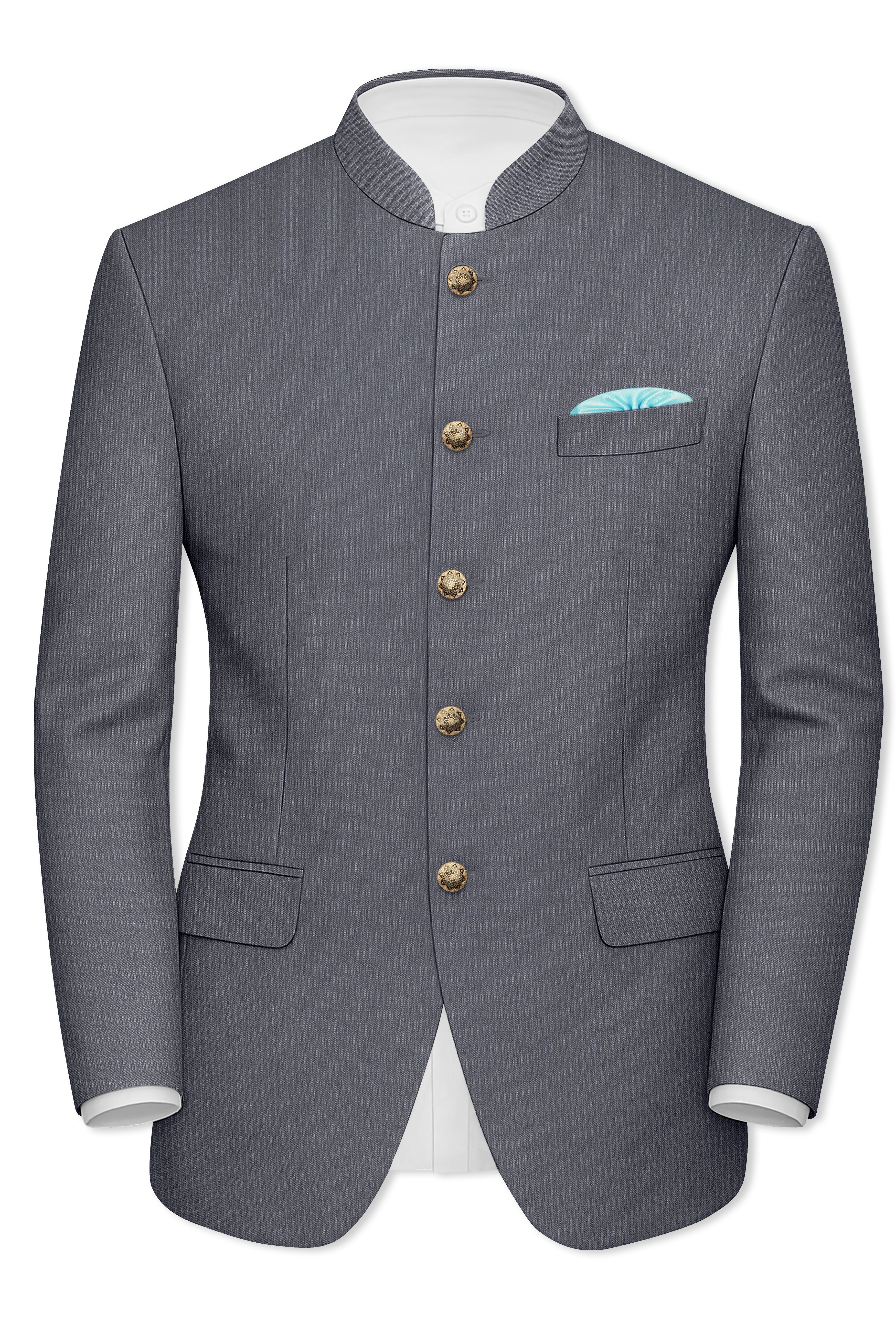 Apex-Ironside Gray Pencil Striped Wool Rich Bandhgala Slight Stretch Suit