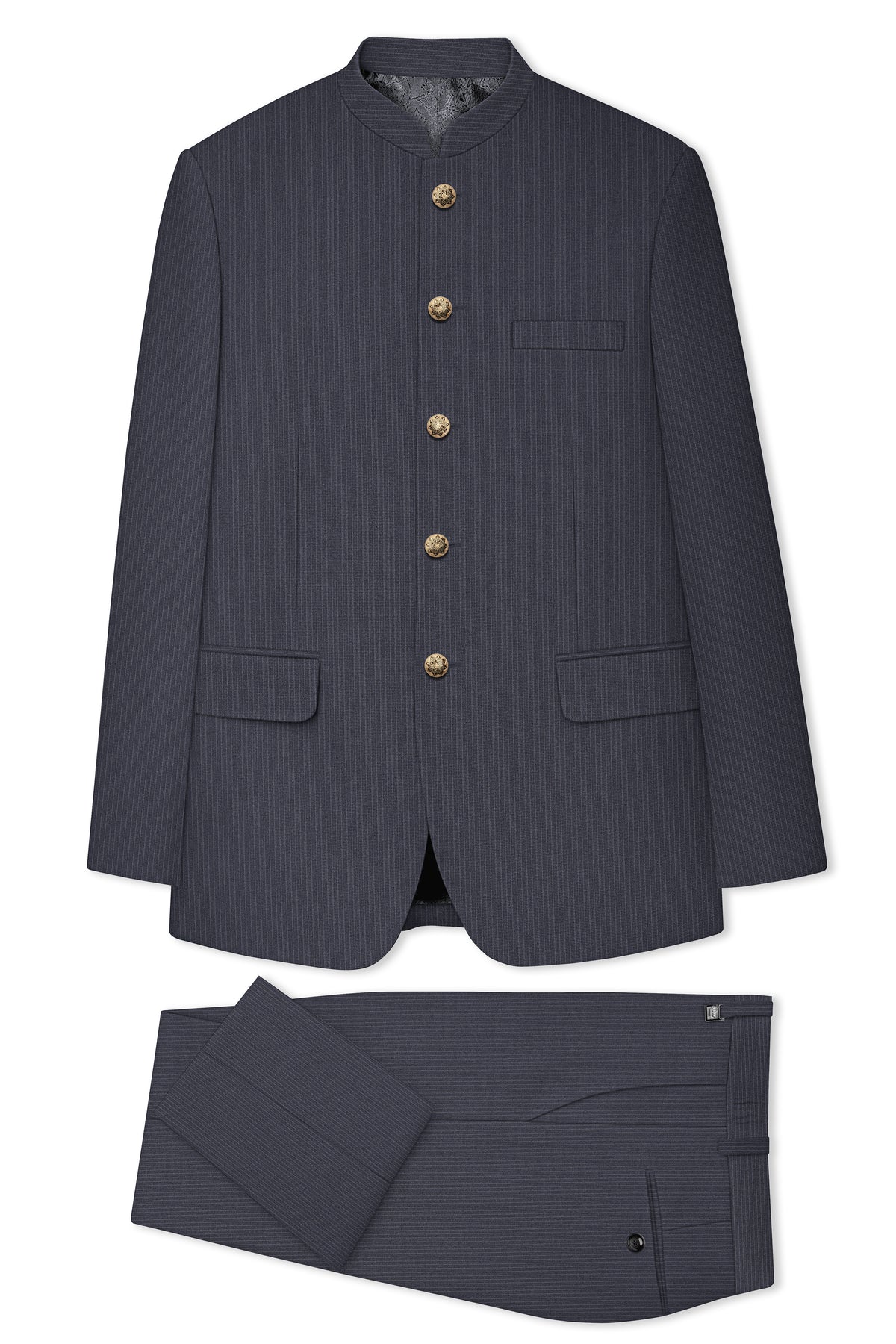 Monvex-Tuna Gray Pencil Striped Wool Rich Bandhgala Slight Stretch Suit