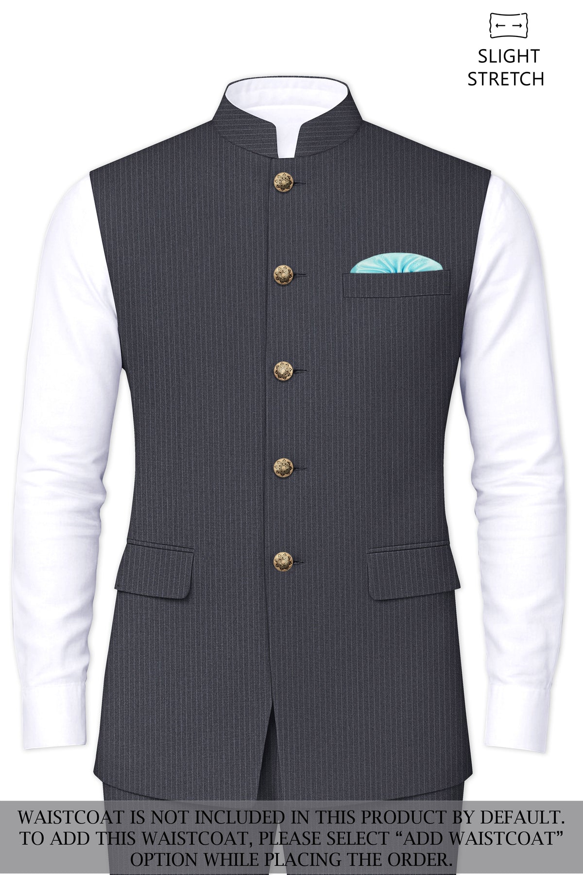Monvex-Tuna Gray Pencil Striped Wool Rich Bandhgala Slight Stretch Suit