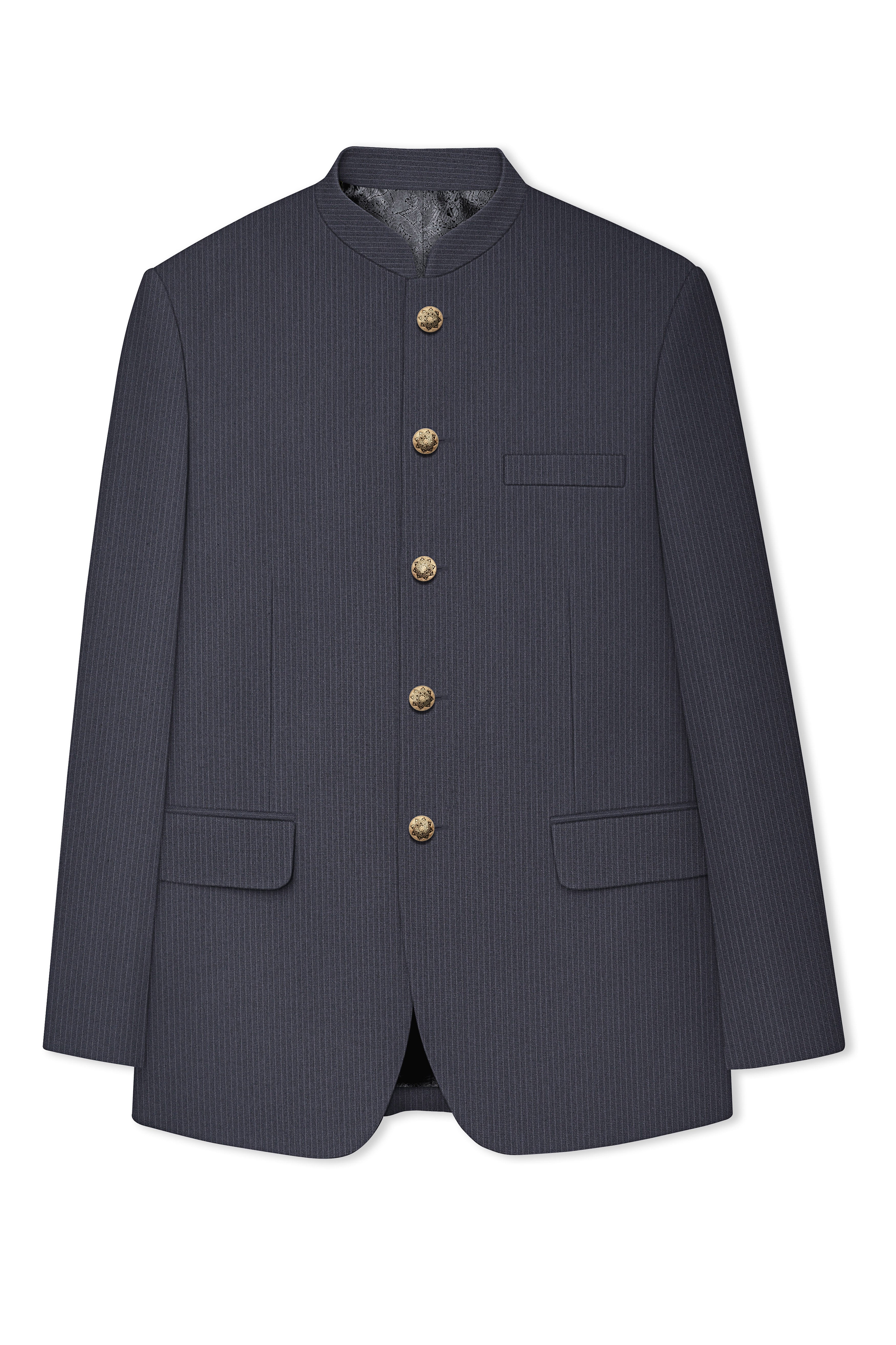 Monvex-Tuna Gray Pencil Striped Wool Rich Bandhgala Slight Stretch Suit