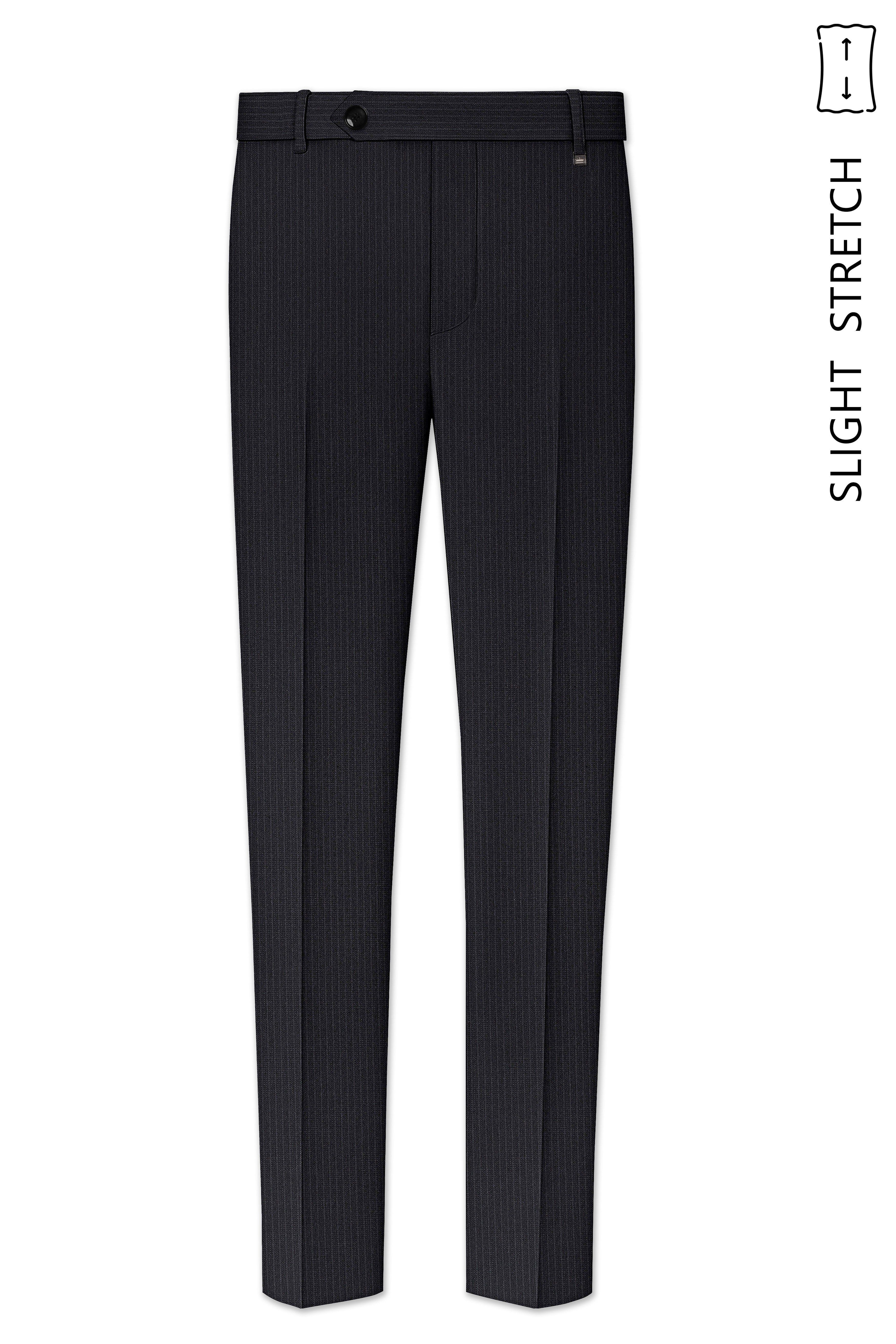 Noir-Jade Black Pencil Striped Wool Rich Bandhgala Slight Stretch Suit
