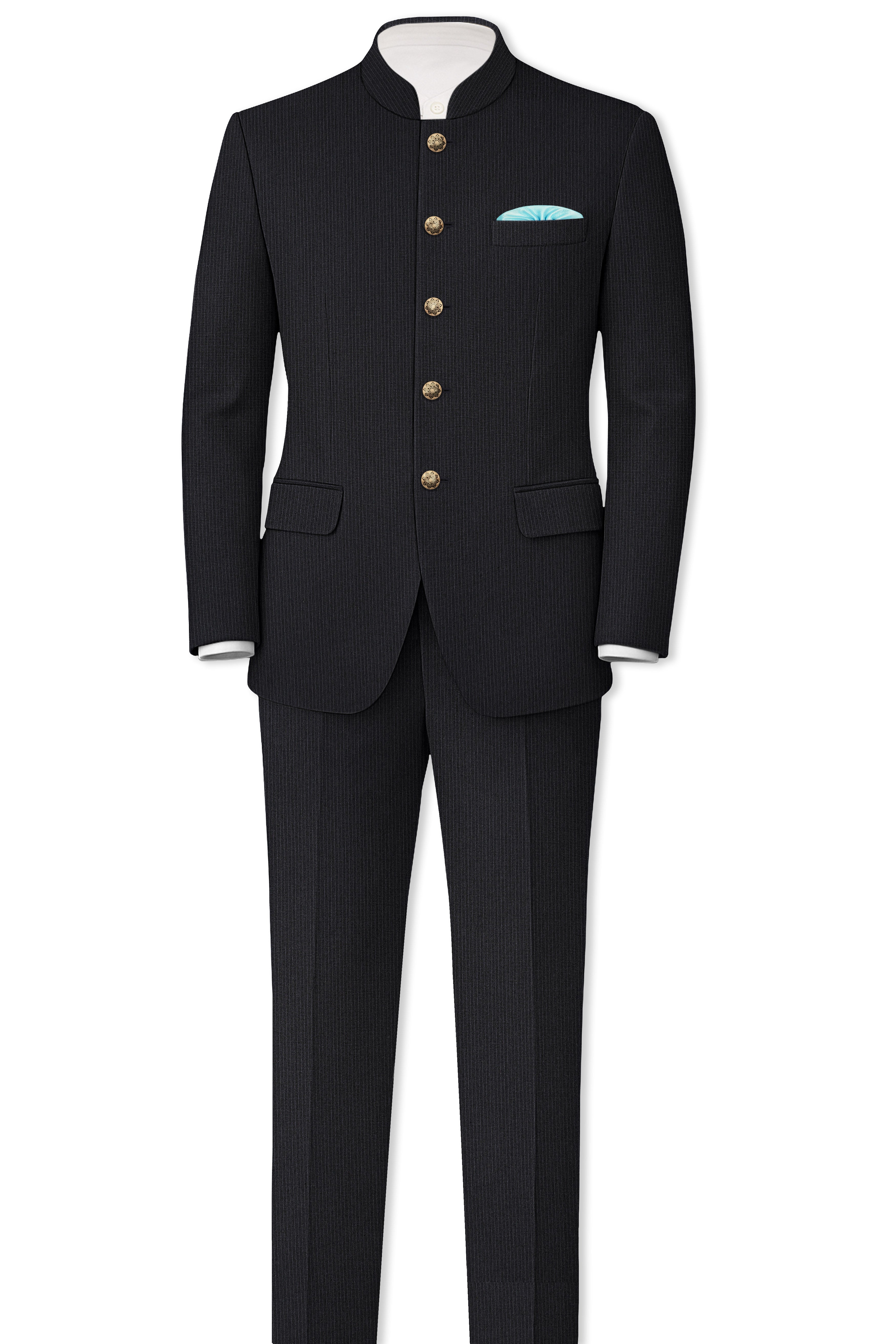 Noir-Jade Black Pencil Striped Wool Rich Bandhgala Slight Stretch Suit