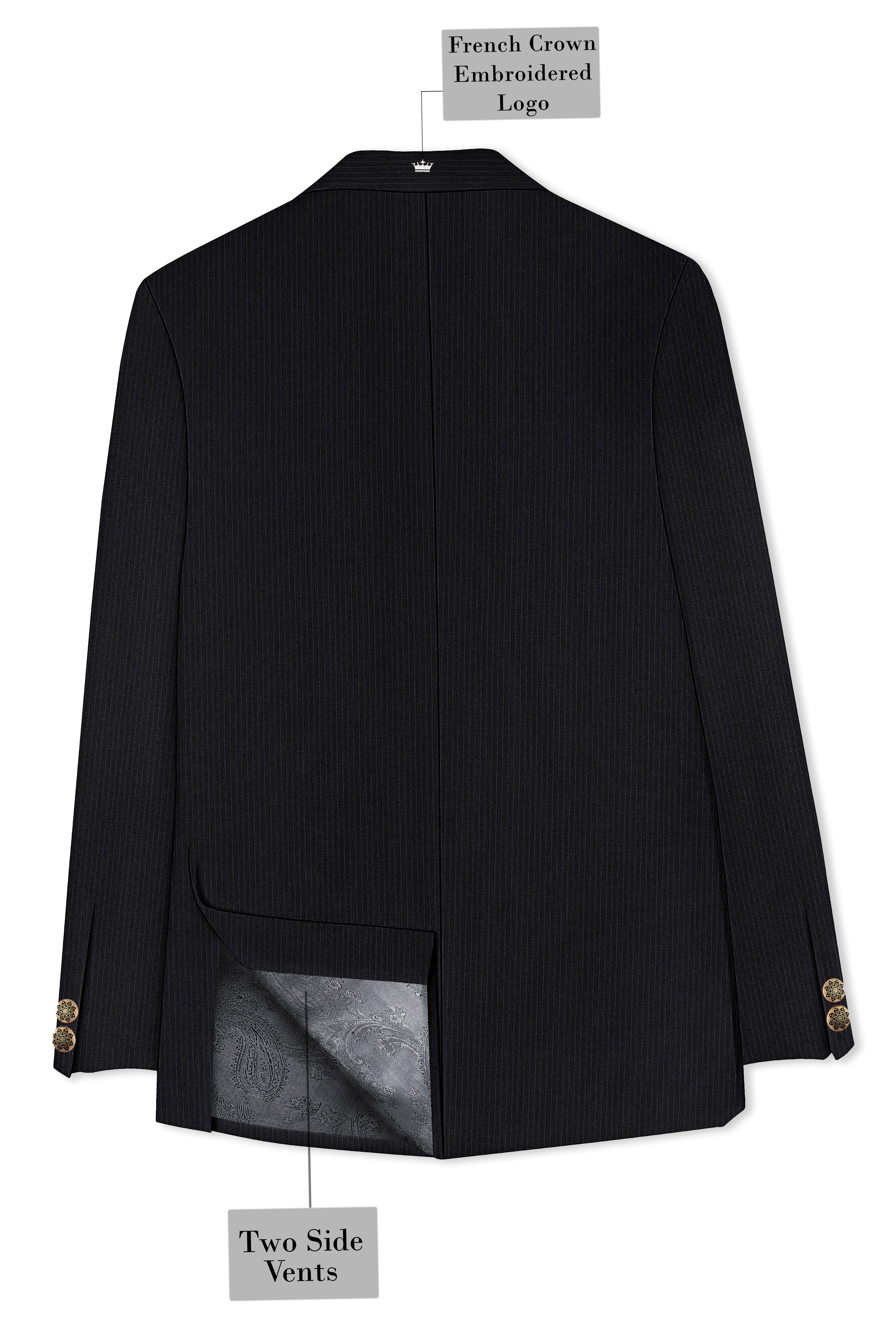 Noir-Jade Black Pencil Striped Wool Rich Bandhgala Slight Stretch Suit