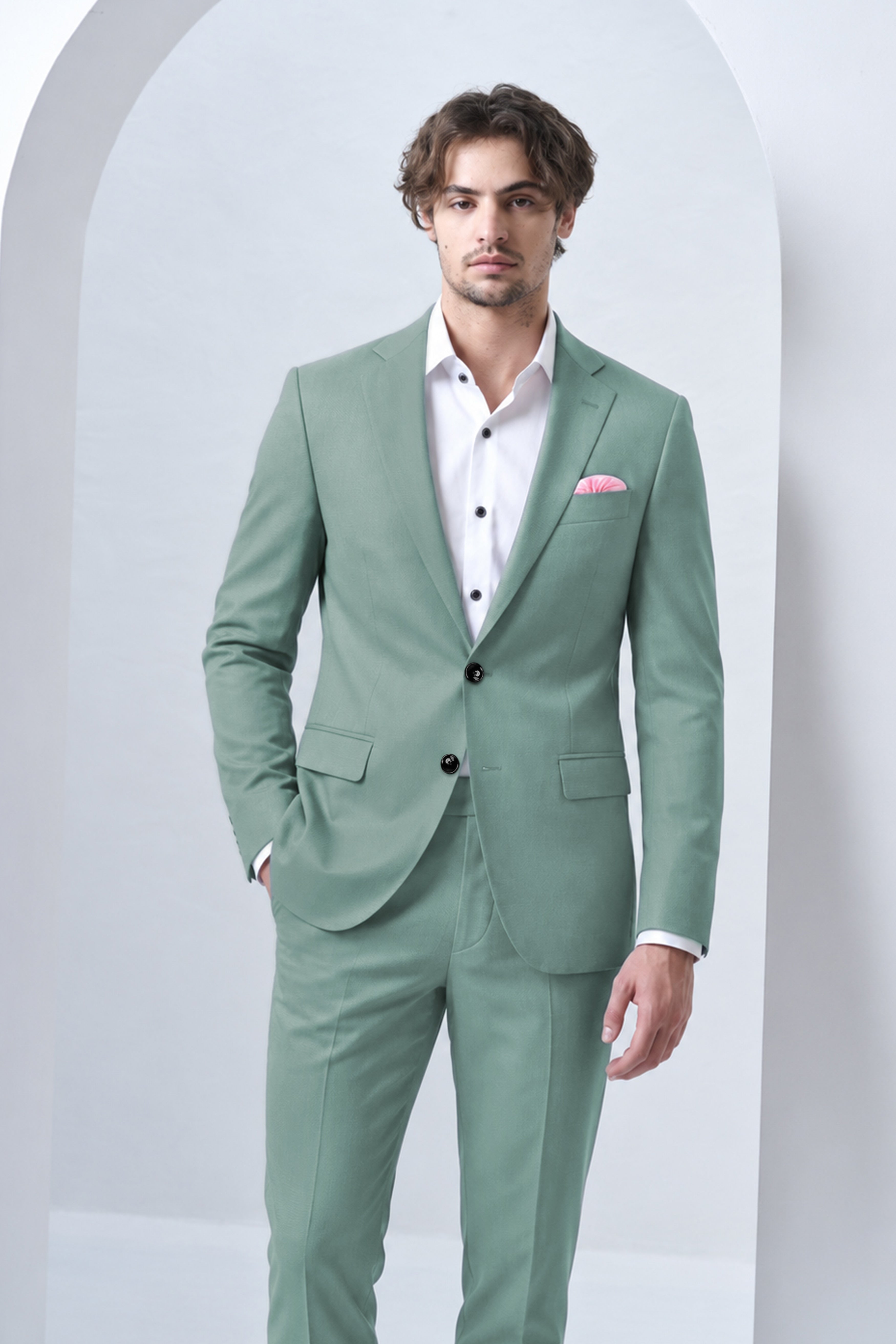 Verde-Korean Spanish Green 4-Way Stretch Wrinkle-Free Fluid Drape Fabric Single Breasted Suit