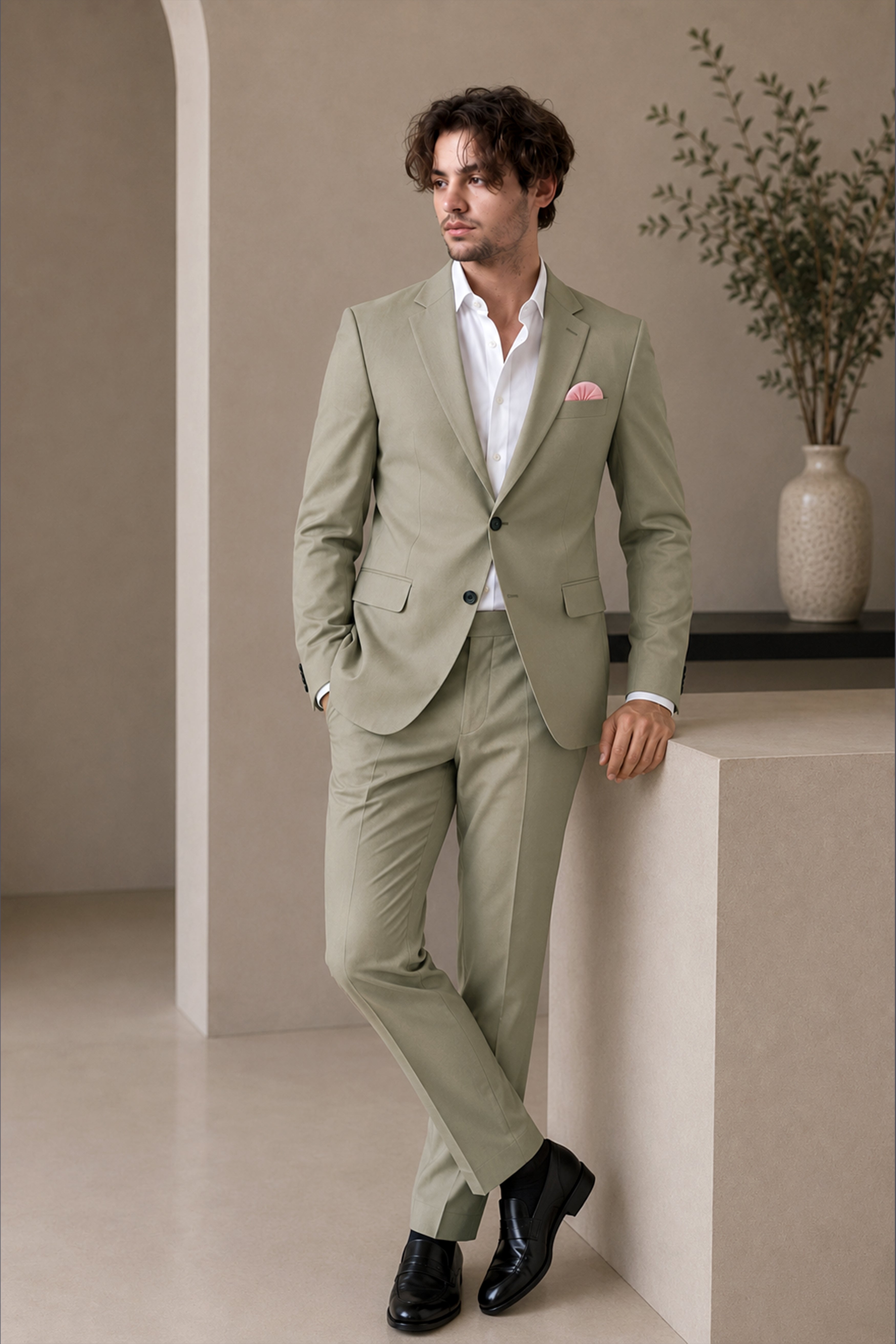 Loden-Korean Kokoda Green 4-Way Stretch Wrinkle-Free Fluid Drape Fabric Single Breasted Suit