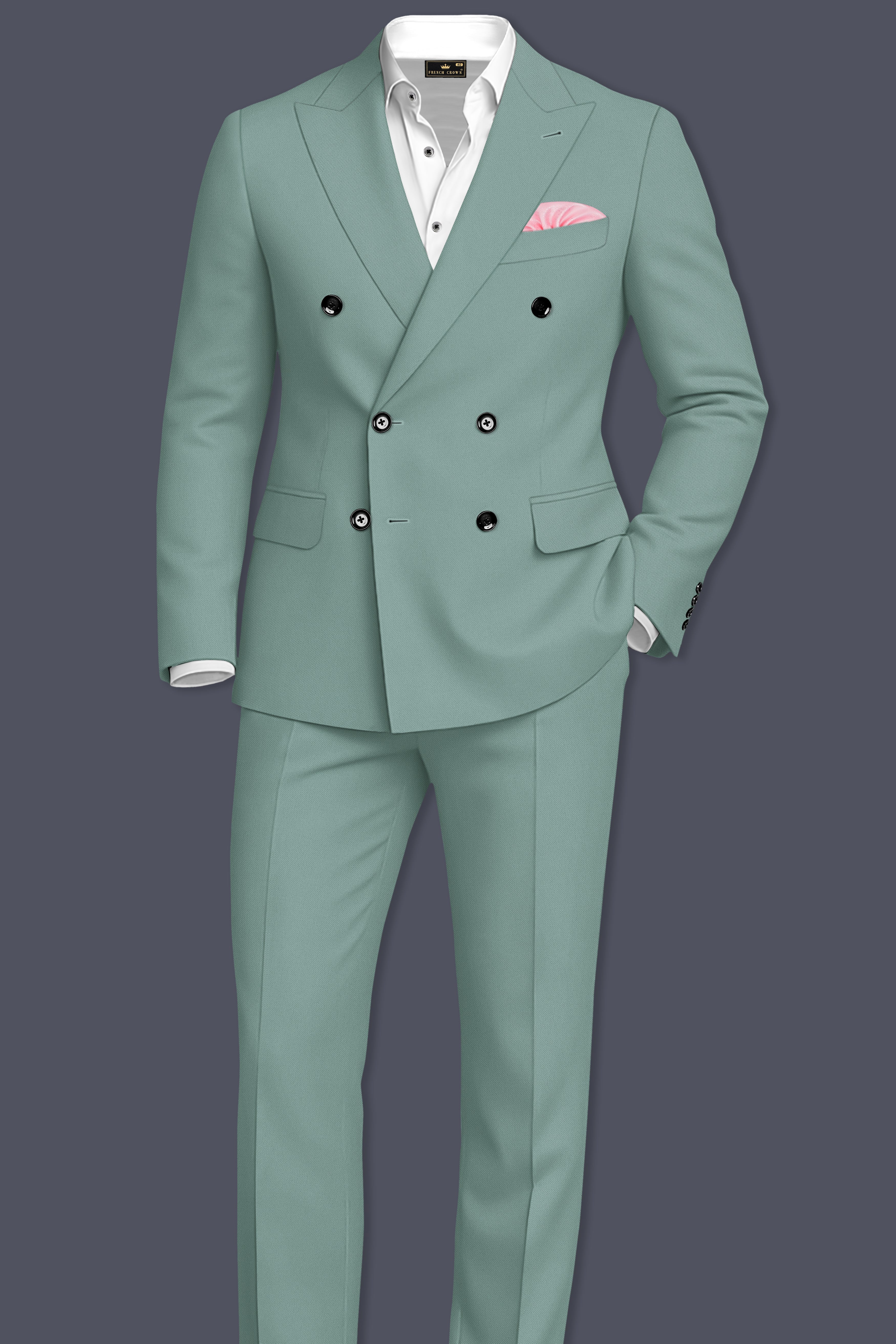 Verde-Korean Spanish Green 4-Way Stretch Wrinkle-Free Wool Rich Double Breasted Suit ST5441-DB-36, ST5441-DB-38, ST5441-DB-40, ST5441-DB-42, ST5441-DB-44, ST5441-DB-46, ST5441-DB-48, ST5441-DB-50, ST5441-DB-52, ST5441-DB-54, ST5441-DB-56, ST5441-DB-58, ST5441-DB-60