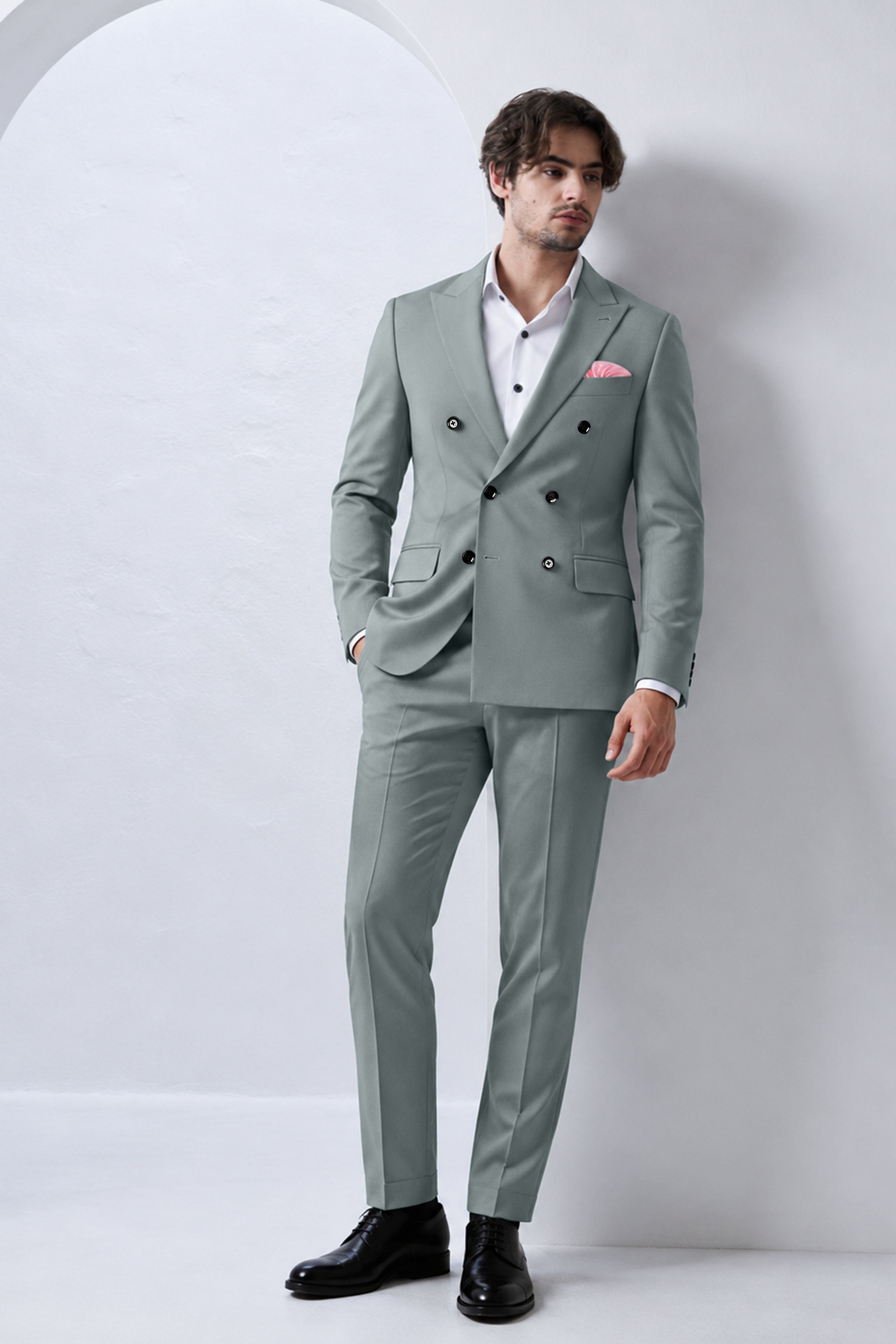 Flexaro-Korean Abbey gray 4-Way Stretch Wrinkle-Free Fluid Drape Fabric Double Breasted Suit