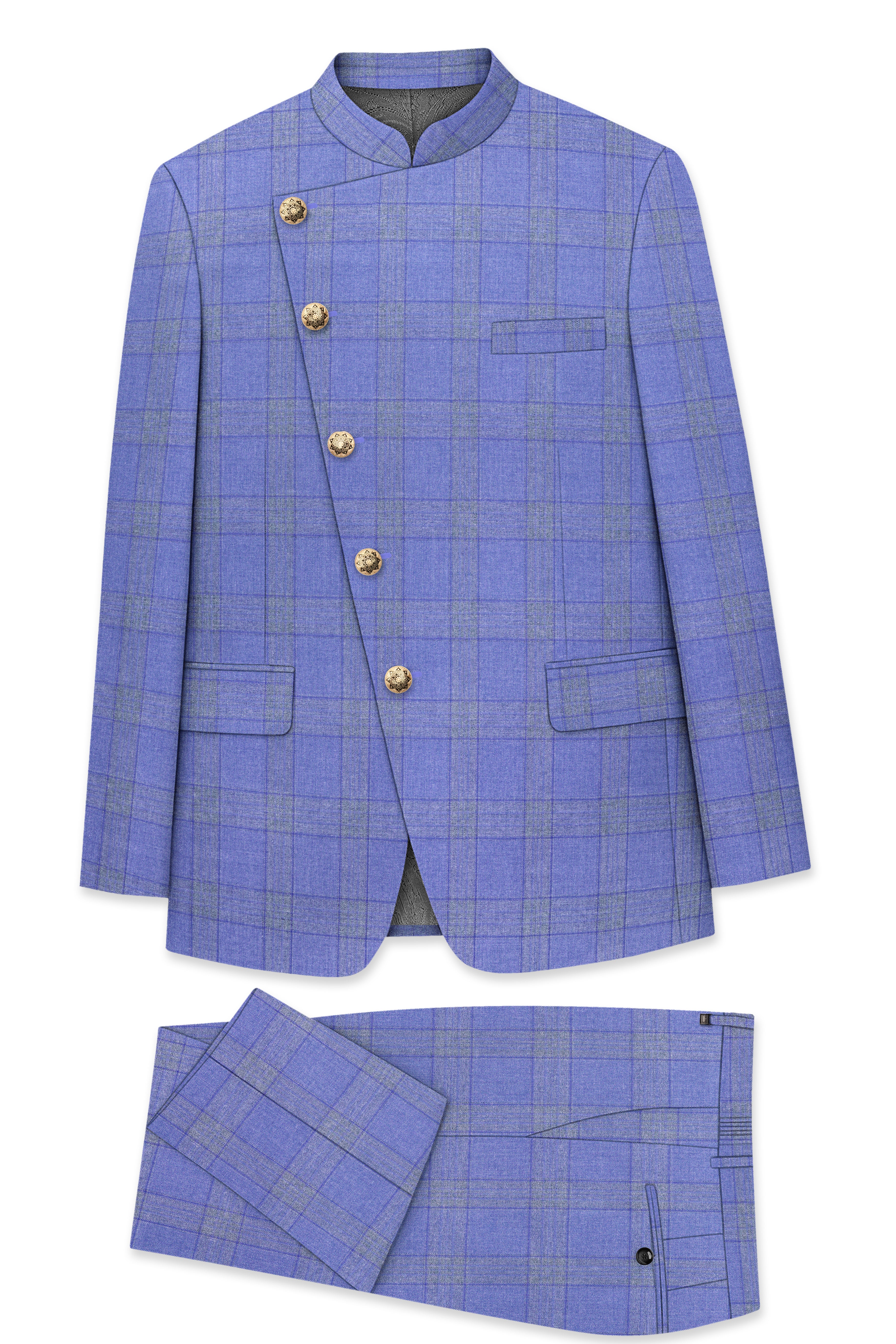 Cobalt-Scampi Blue Plaid Wool Rich Cross Placket Bandhgala Suit