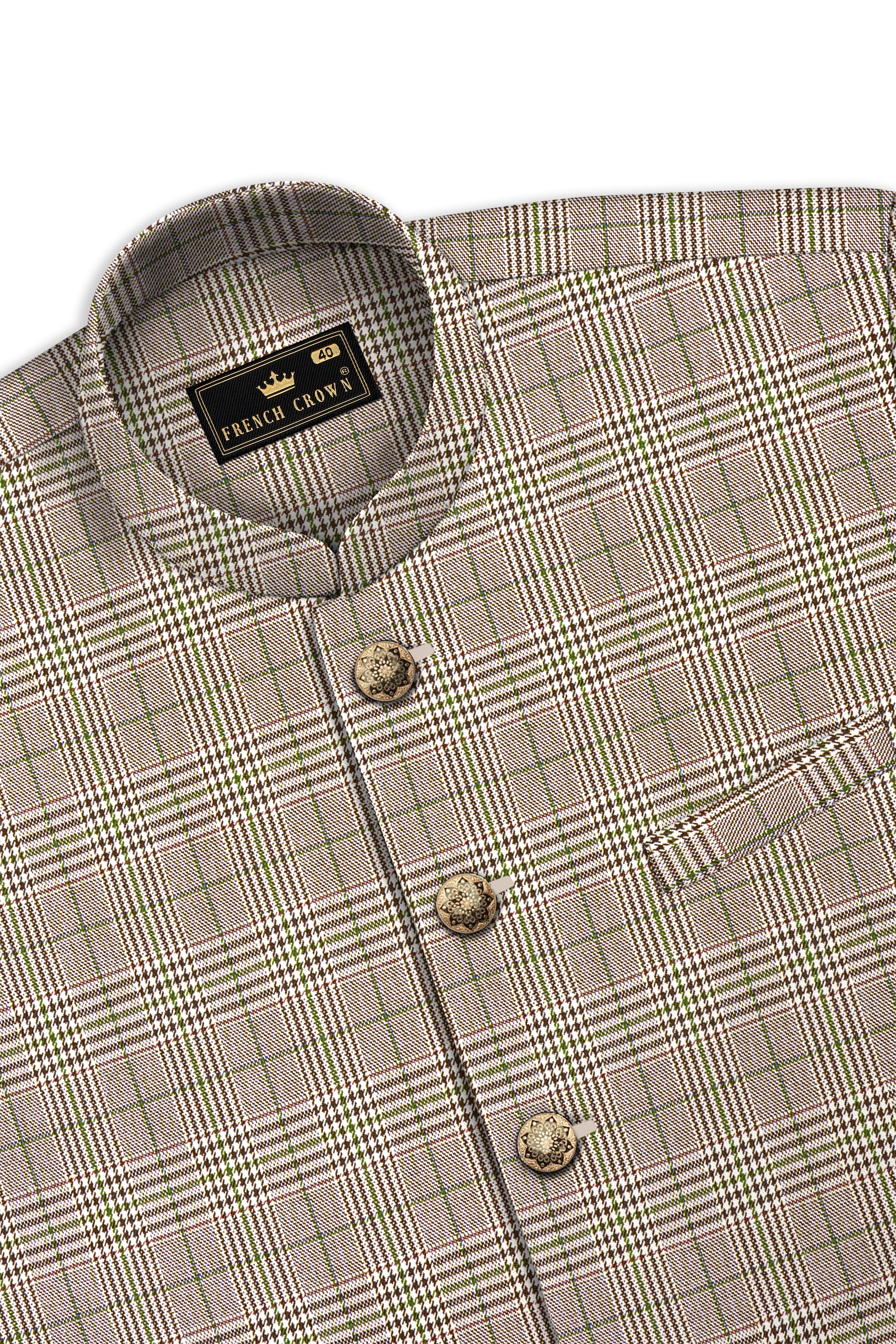 Nawab-Tundora Brown Plaid Wool Rich Cross Placket Bandhgala Suit ST5451-CBG-36, ST5451-CBG-38, ST5451-CBG-40, ST5451-CBG-42, ST5451-CBG-44, ST5451-CBG-46, ST5451-CBG-48, ST5451-CBG-50, ST5451-CBG-52, ST5451-CBG-54, ST5451-CBG-56, ST5451-CBG-58, ST5451-CBG-60