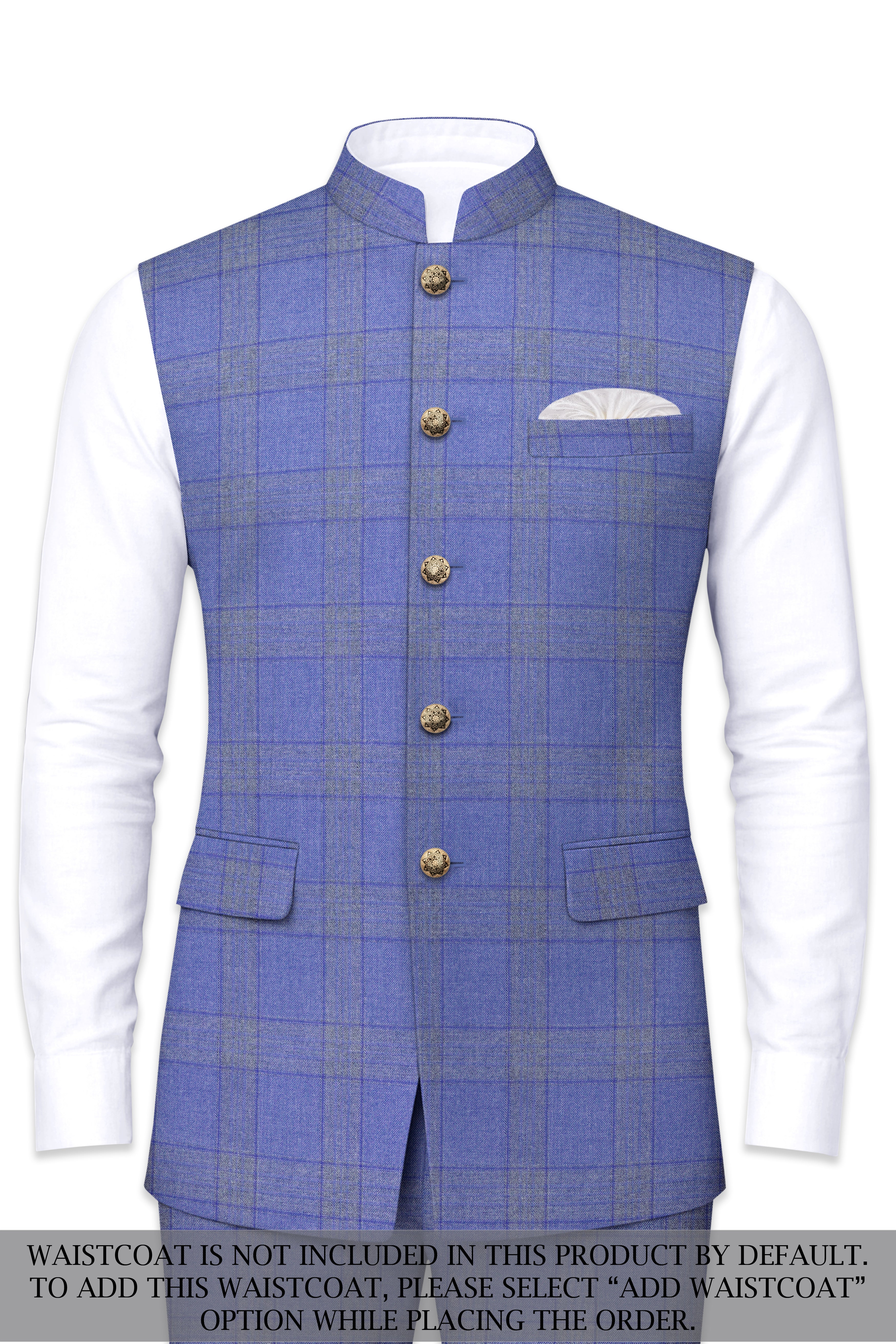 Cobalt-Scampi Blue Plaid Wool Rich Bandhgala Suit