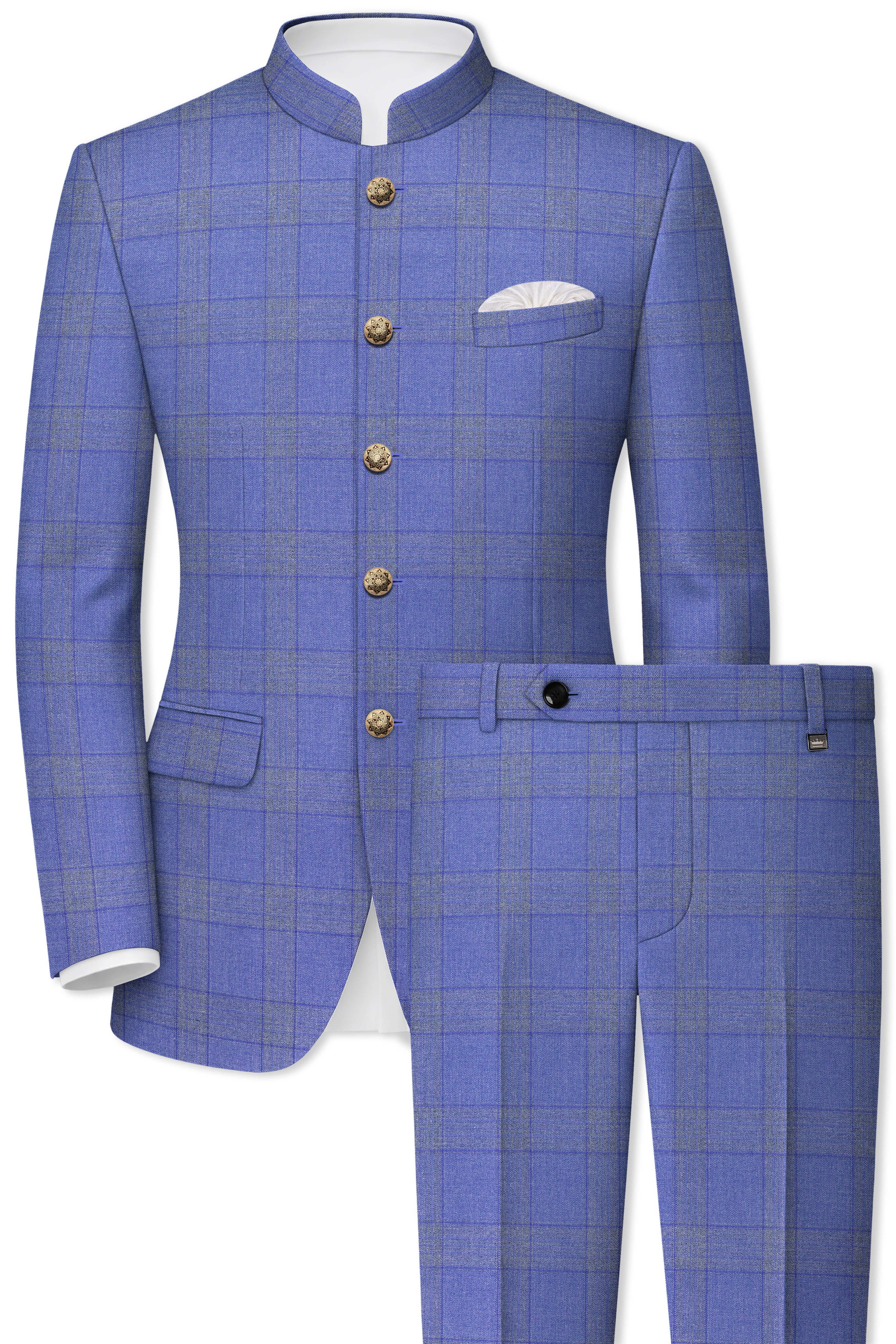 Cobalt-Scampi Blue Plaid Wool Rich Bandhgala Suit