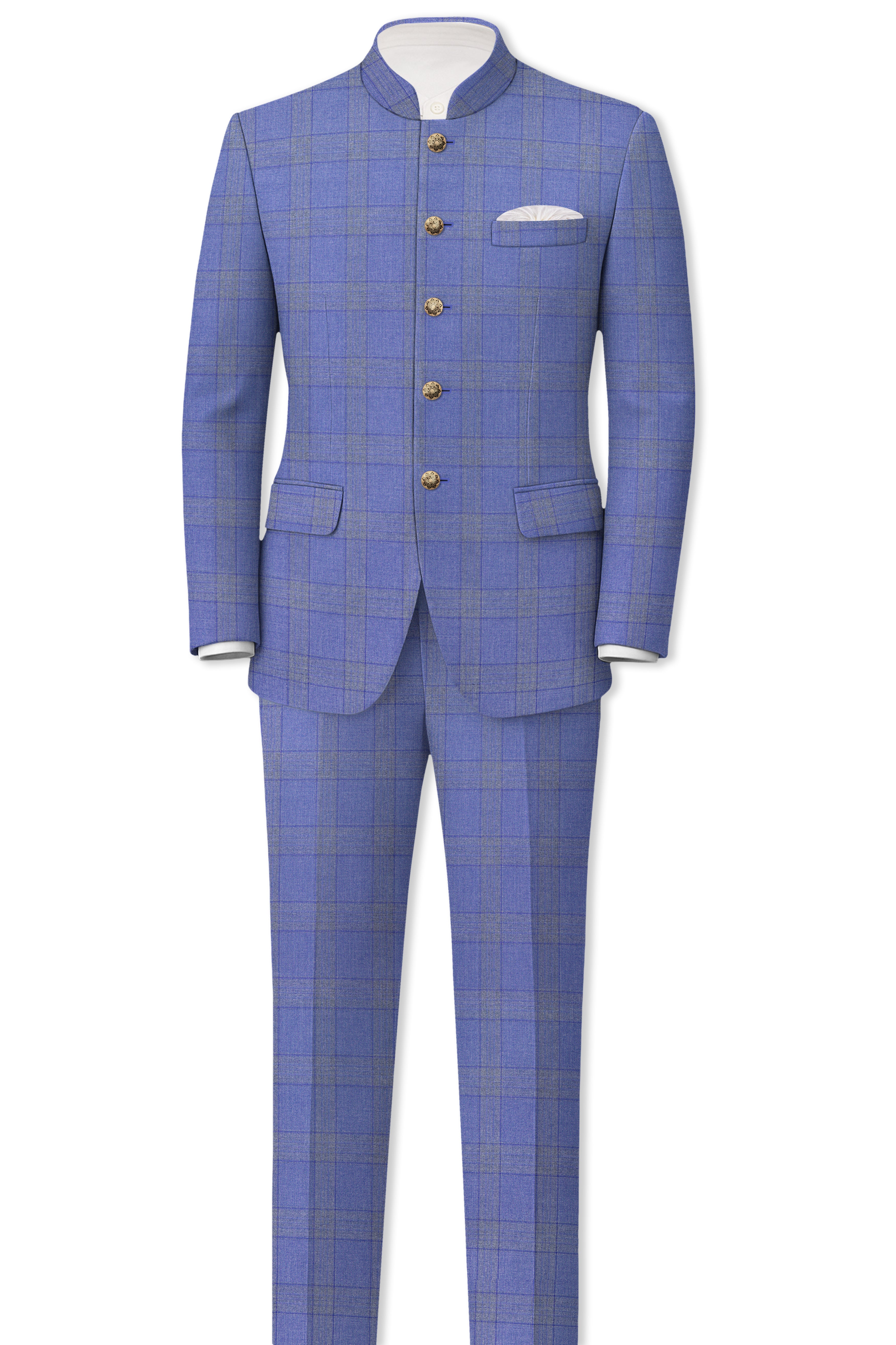Cobalt-Scampi Blue Plaid Wool Rich Bandhgala Suit