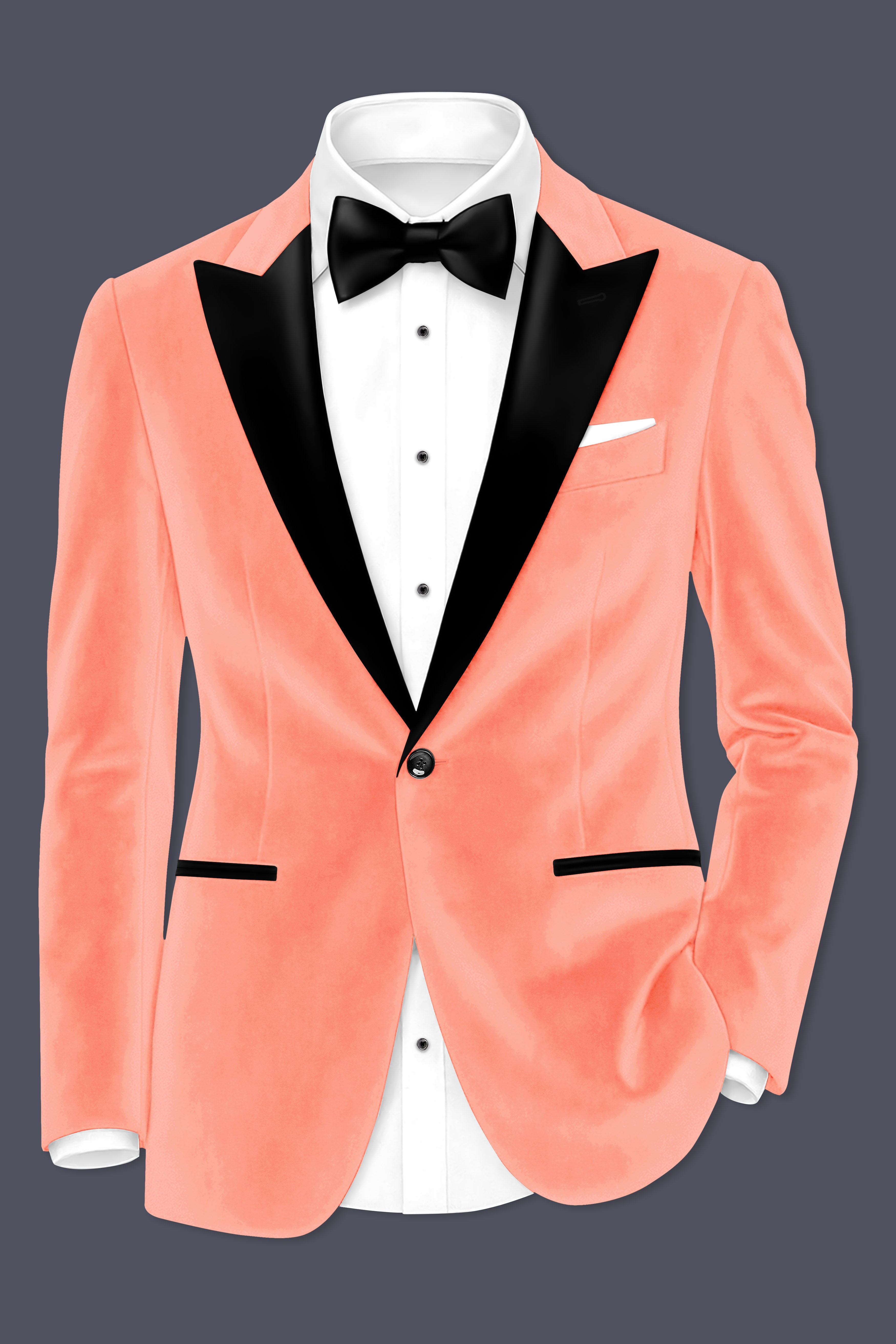 Zyron-Salmon Orange Velvet Peak Lapel Tuxedo Suit ST5465-BKPL-36, ST5465-BKPL-38, ST5465-BKPL-40, ST5465-BKPL-42, ST5465-BKPL-44, ST5465-BKPL-46, ST5465-BKPL-48, ST5465-BKPL-50, ST5465-BKPL-52, ST5465-BKPL-54, ST5465-BKPL-56, ST5465-BKPL-58, ST5465-BKPL-60