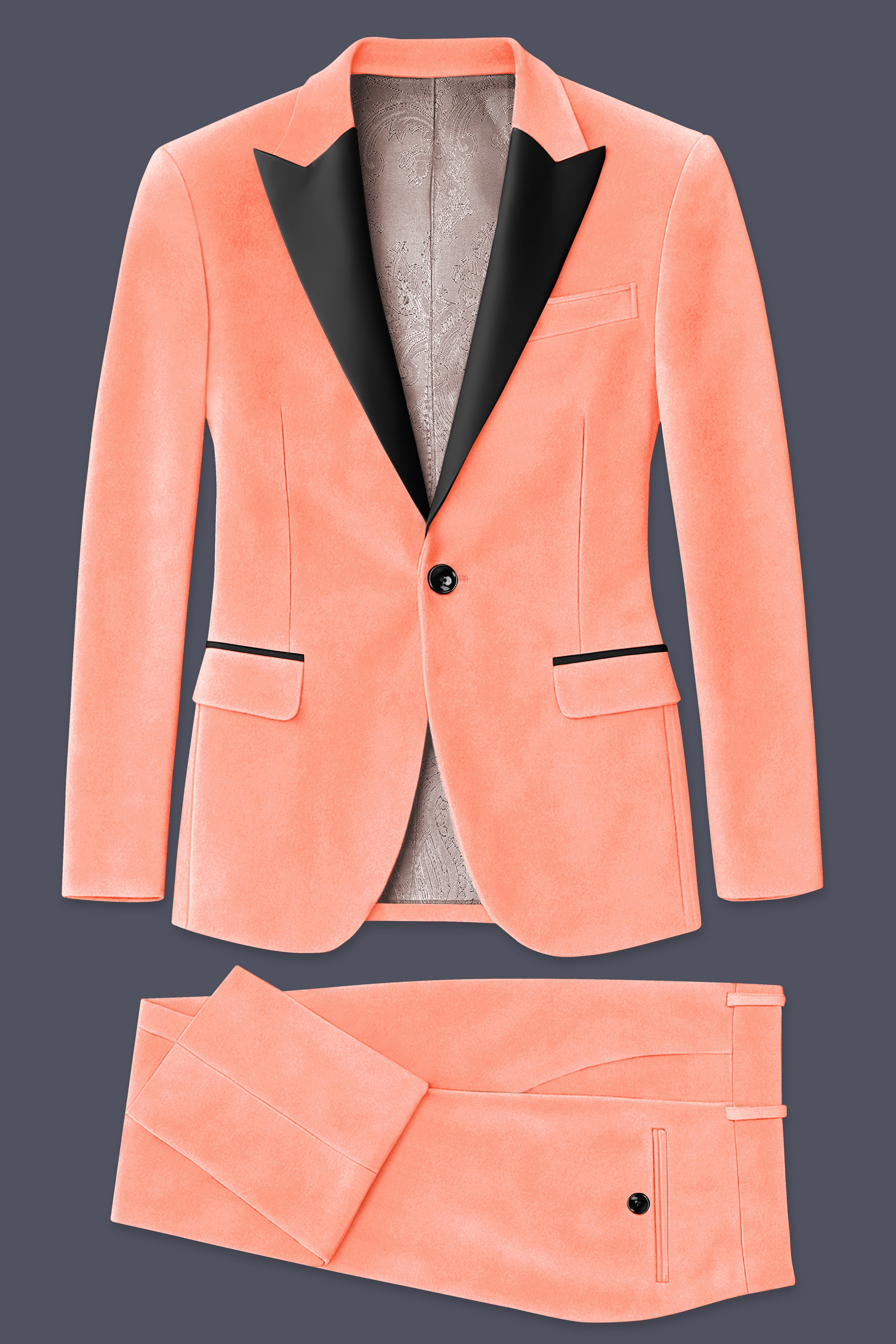 Zyron-Salmon Orange Velvet Peak Lapel Tuxedo Suit ST5465-BKPL-36, ST5465-BKPL-38, ST5465-BKPL-40, ST5465-BKPL-42, ST5465-BKPL-44, ST5465-BKPL-46, ST5465-BKPL-48, ST5465-BKPL-50, ST5465-BKPL-52, ST5465-BKPL-54, ST5465-BKPL-56, ST5465-BKPL-58, ST5465-BKPL-60