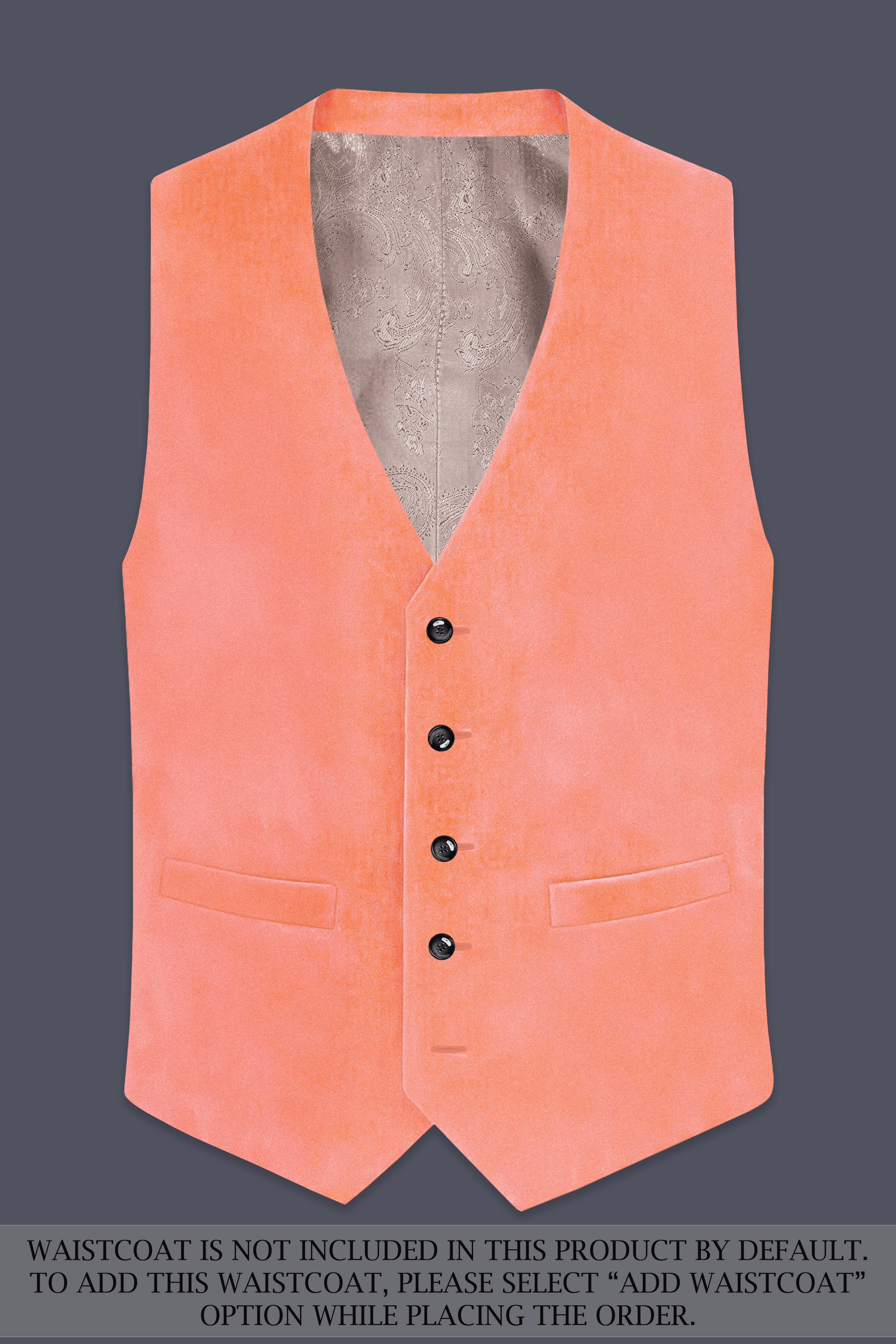 Zyron-Salmon Orange Velvet Peak Lapel Tuxedo Suit ST5465-BKPL-36, ST5465-BKPL-38, ST5465-BKPL-40, ST5465-BKPL-42, ST5465-BKPL-44, ST5465-BKPL-46, ST5465-BKPL-48, ST5465-BKPL-50, ST5465-BKPL-52, ST5465-BKPL-54, ST5465-BKPL-56, ST5465-BKPL-58, ST5465-BKPL-60
