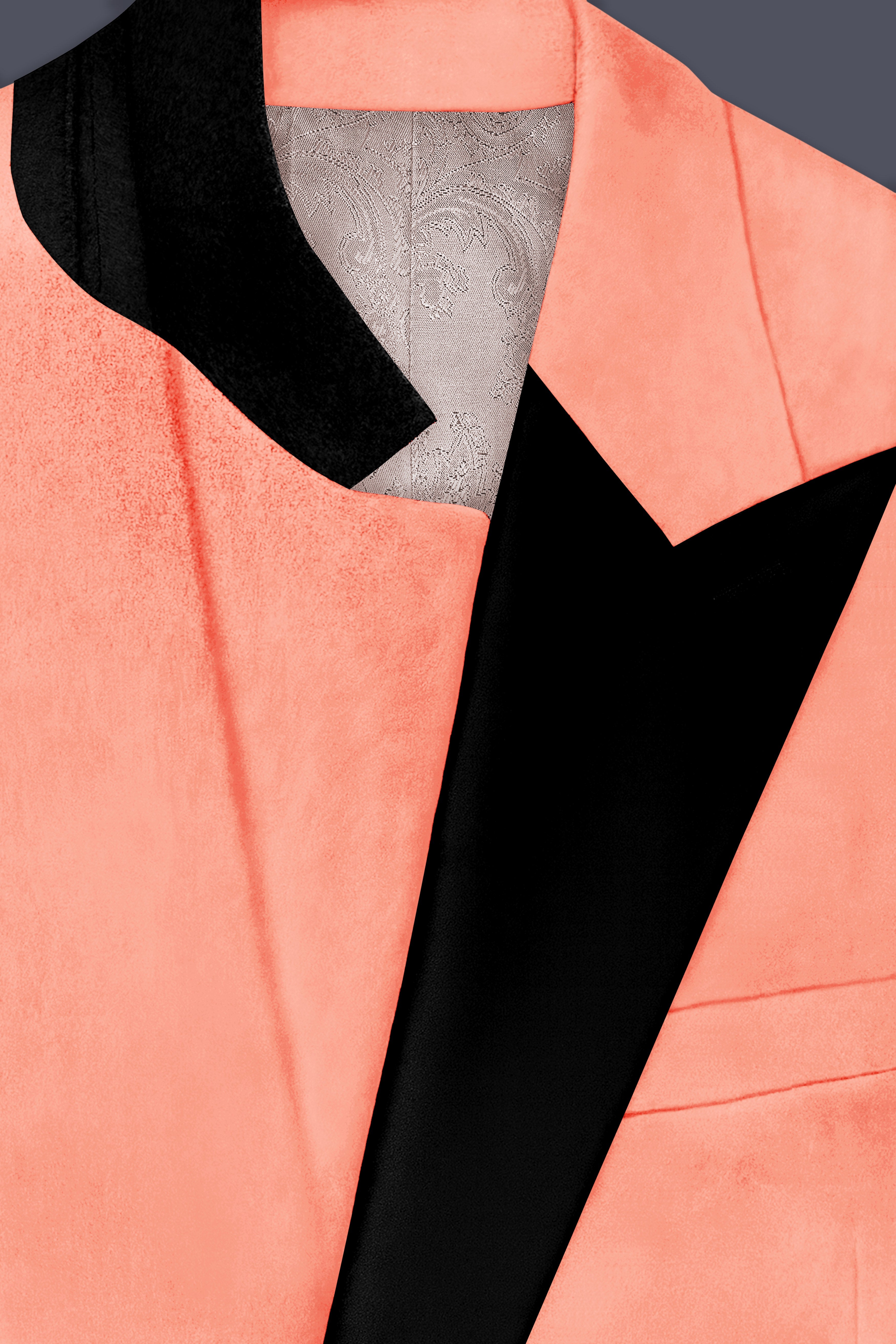 Zyron-Salmon Orange Velvet Peak Lapel Tuxedo Suit ST5465-BKPL-36, ST5465-BKPL-38, ST5465-BKPL-40, ST5465-BKPL-42, ST5465-BKPL-44, ST5465-BKPL-46, ST5465-BKPL-48, ST5465-BKPL-50, ST5465-BKPL-52, ST5465-BKPL-54, ST5465-BKPL-56, ST5465-BKPL-58, ST5465-BKPL-60