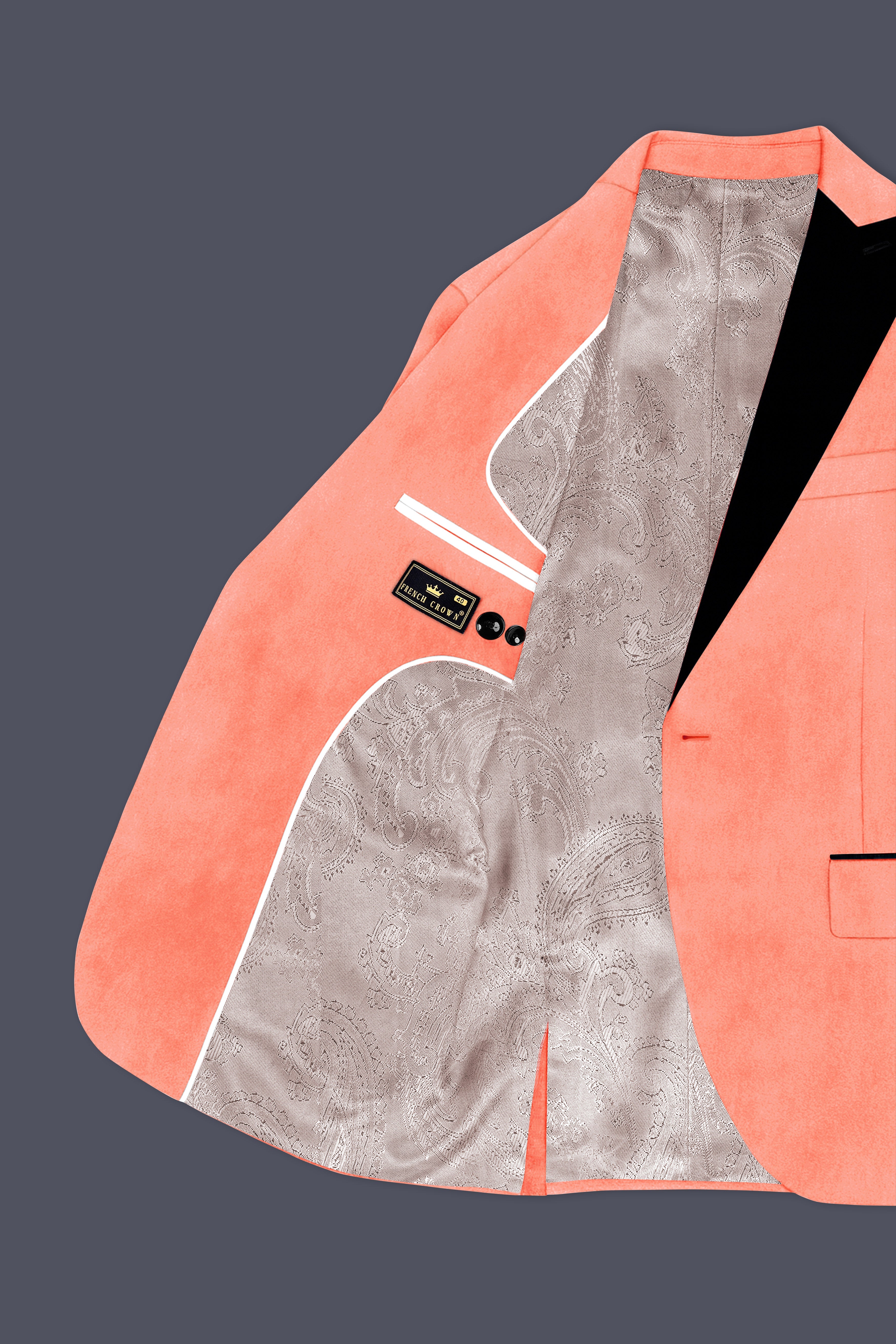Zyron-Salmon Orange Velvet Peak Lapel Tuxedo Suit ST5465-BKPL-36, ST5465-BKPL-38, ST5465-BKPL-40, ST5465-BKPL-42, ST5465-BKPL-44, ST5465-BKPL-46, ST5465-BKPL-48, ST5465-BKPL-50, ST5465-BKPL-52, ST5465-BKPL-54, ST5465-BKPL-56, ST5465-BKPL-58, ST5465-BKPL-60