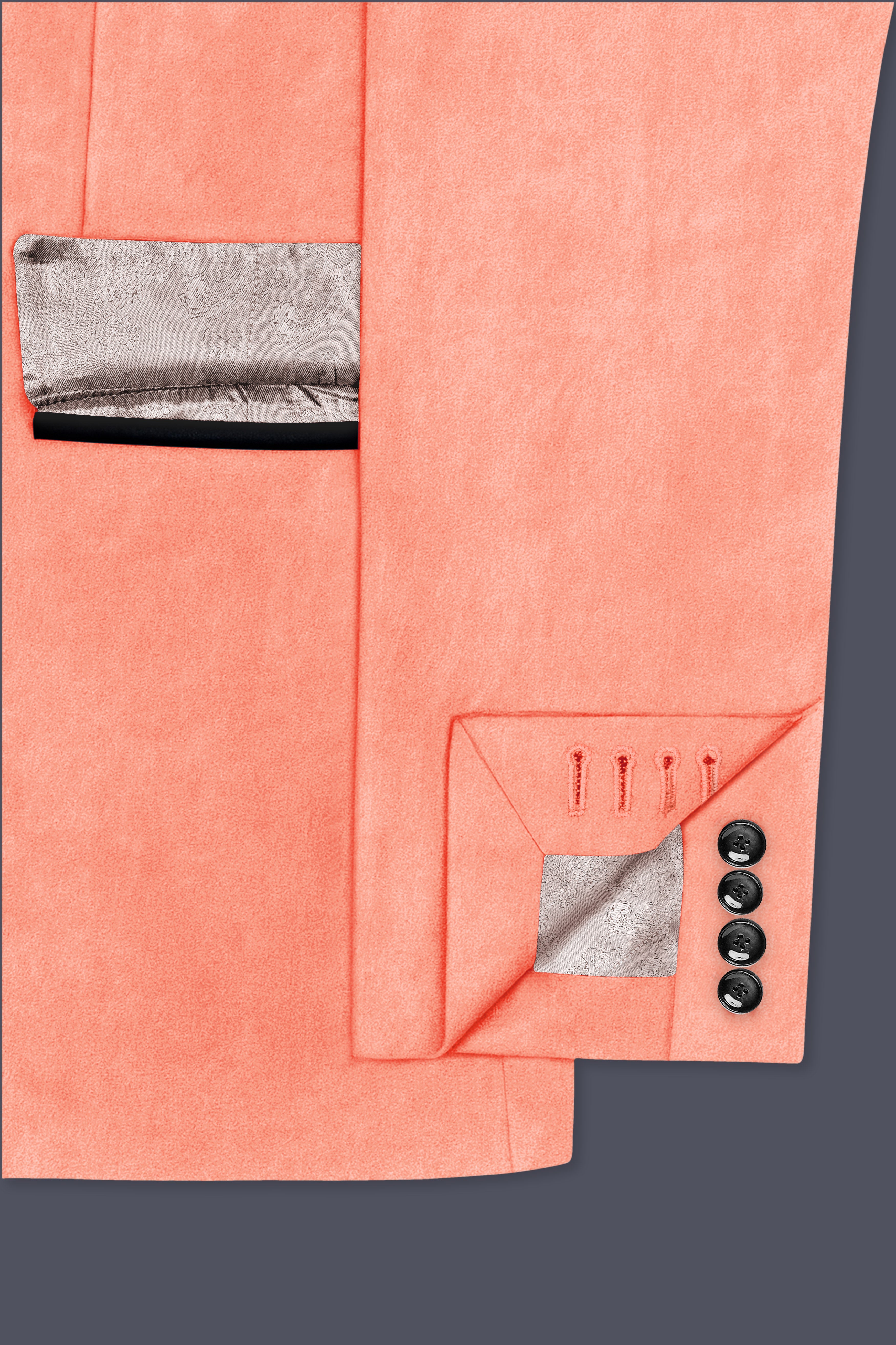 Zyron-Salmon Orange Velvet Peak Lapel Tuxedo Suit ST5465-BKPL-36, ST5465-BKPL-38, ST5465-BKPL-40, ST5465-BKPL-42, ST5465-BKPL-44, ST5465-BKPL-46, ST5465-BKPL-48, ST5465-BKPL-50, ST5465-BKPL-52, ST5465-BKPL-54, ST5465-BKPL-56, ST5465-BKPL-58, ST5465-BKPL-60