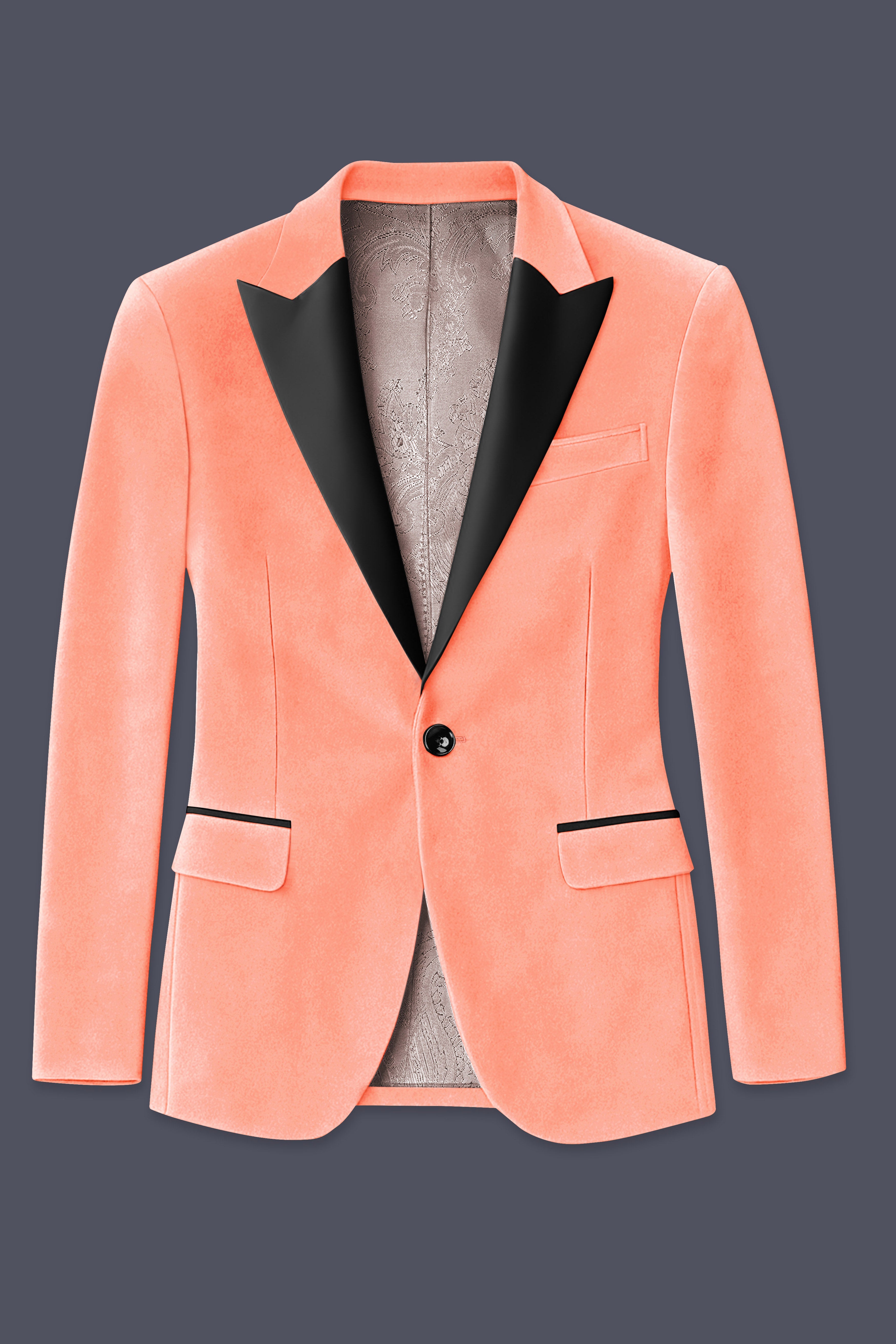 Zyron-Salmon Orange Velvet Peak Lapel Tuxedo Suit ST5465-BKPL-36, ST5465-BKPL-38, ST5465-BKPL-40, ST5465-BKPL-42, ST5465-BKPL-44, ST5465-BKPL-46, ST5465-BKPL-48, ST5465-BKPL-50, ST5465-BKPL-52, ST5465-BKPL-54, ST5465-BKPL-56, ST5465-BKPL-58, ST5465-BKPL-60