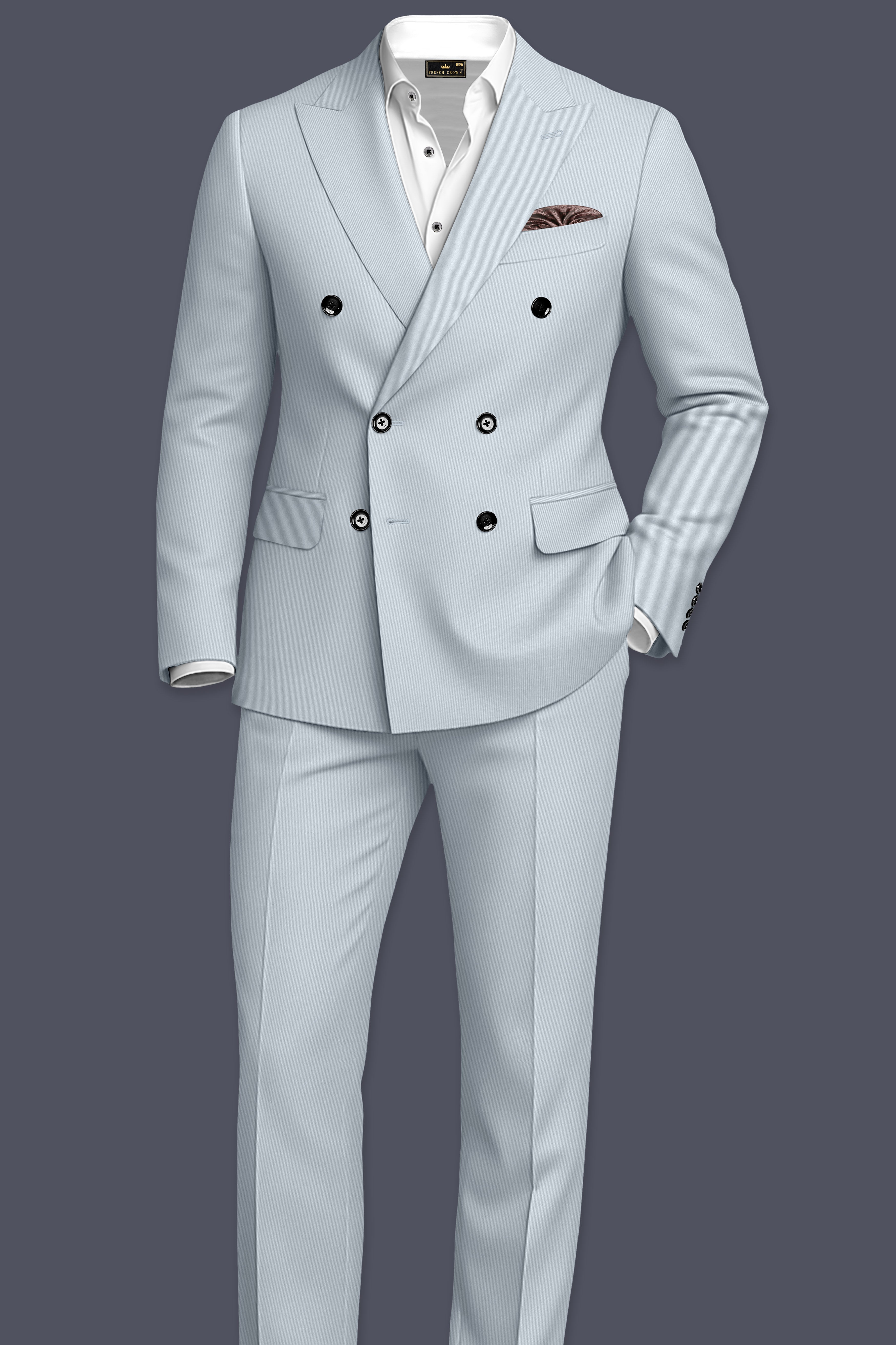 Dorian-Chalice Gray Slight Stretch Subtle Sheen Poly-Viscose Double Breasted Suit ST5494-DB-36, ST5494-DB-38, ST5494-DB-40, ST5494-DB-42, ST5494-DB-44, ST5494-DB-46, ST5494-DB-48, ST5494-DB-50, ST5494-DB-52, ST5494-DB-54, ST5494-DB-56, ST5494-DB-58, ST5494-DB-60