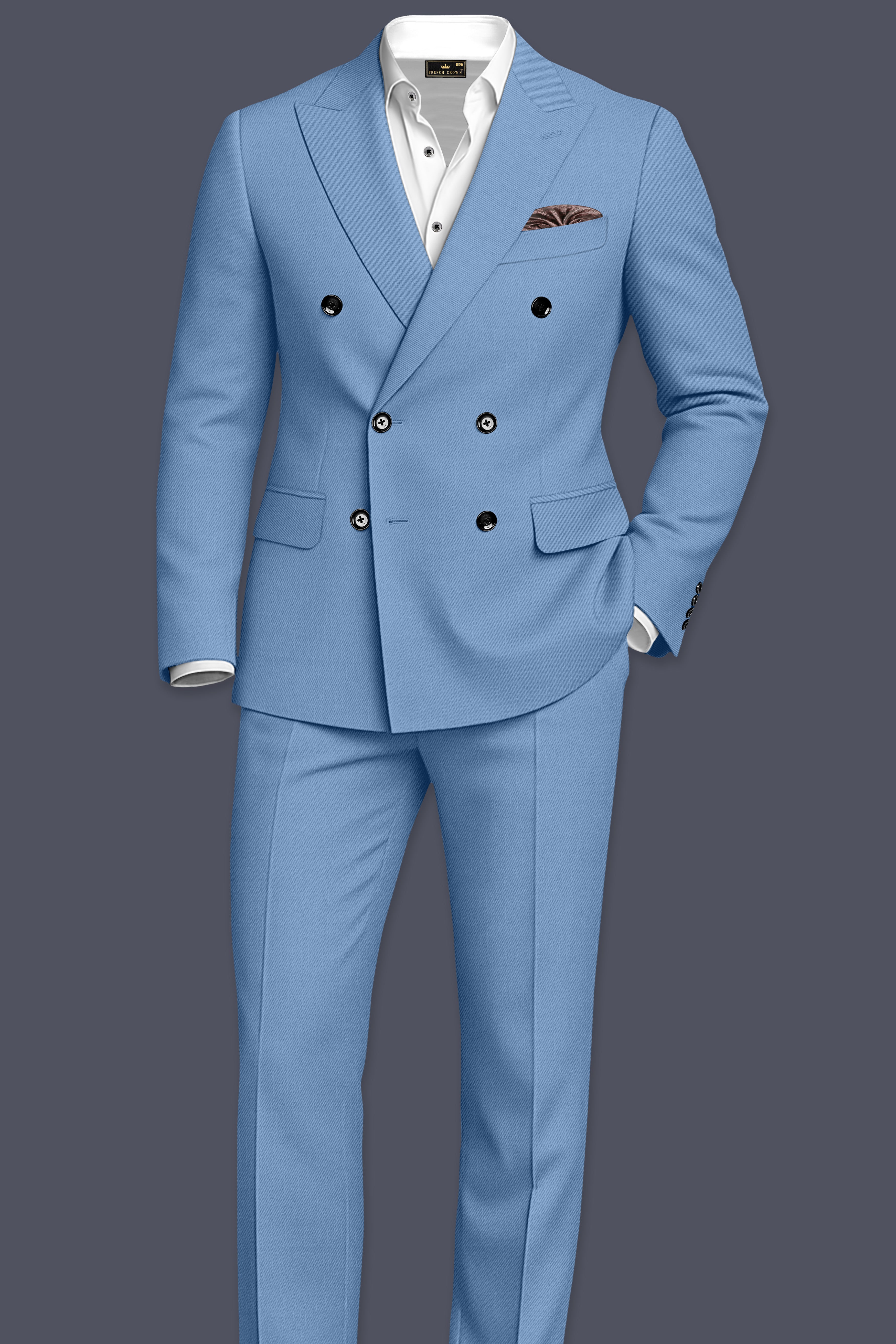 Azure-Glaucous Blue Wool Rich Slight Stretch Double Breasted Suit ST5508-DB-36, ST5508-DB-38, ST5508-DB-40, ST5508-DB-42, ST5508-DB-44, ST5508-DB-46, ST5508-DB-48, ST5508-DB-50, ST5508-DB-52, ST5508-DB-54, ST5508-DB-56, ST5508-DB-58, ST5508-DB-60