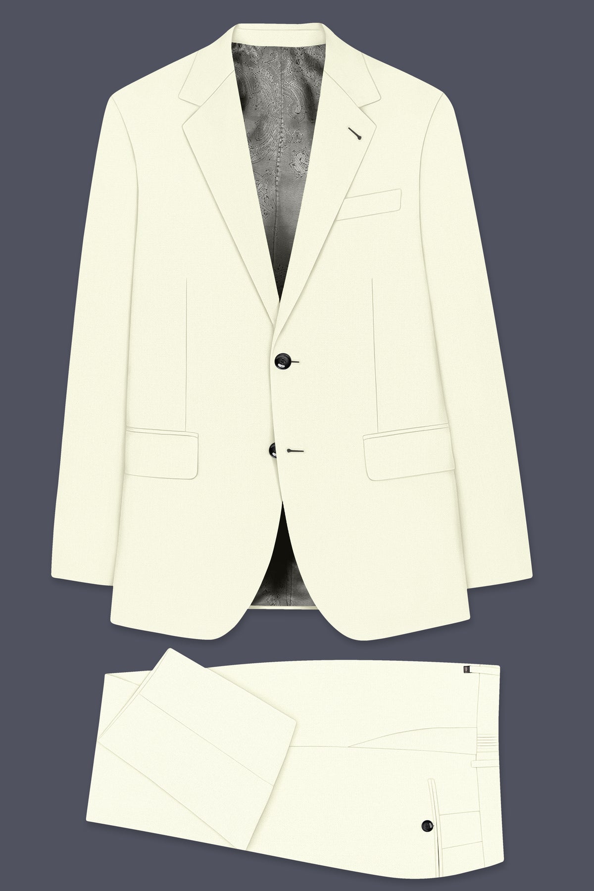 Ecru-Merino Off White Diamond Textured Wool Rich Slight Stretch Single Breasted Suit