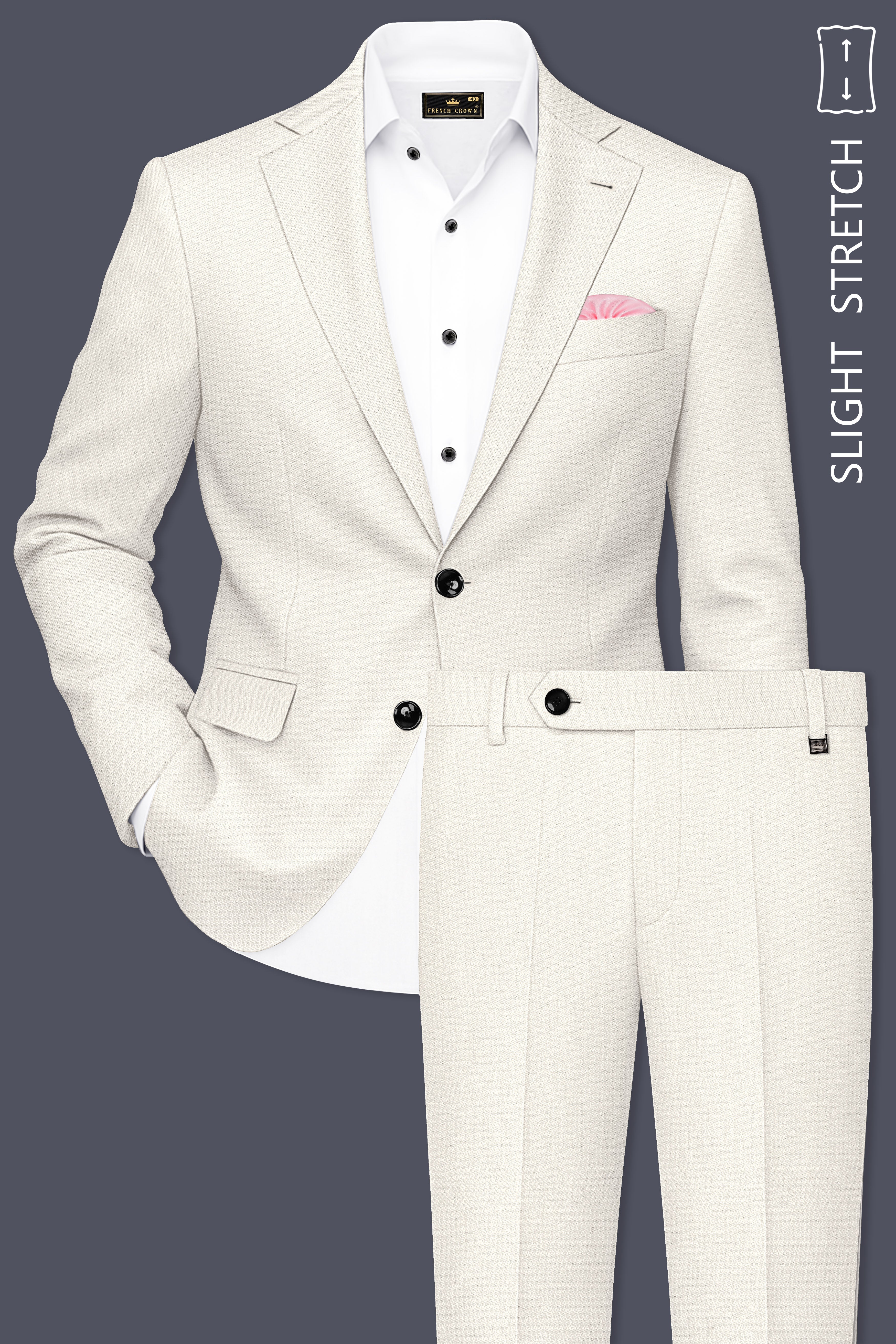 Ecru-Merino Off White Diamond Textured Wool Rich Slight Stretch Single Breasted Suit