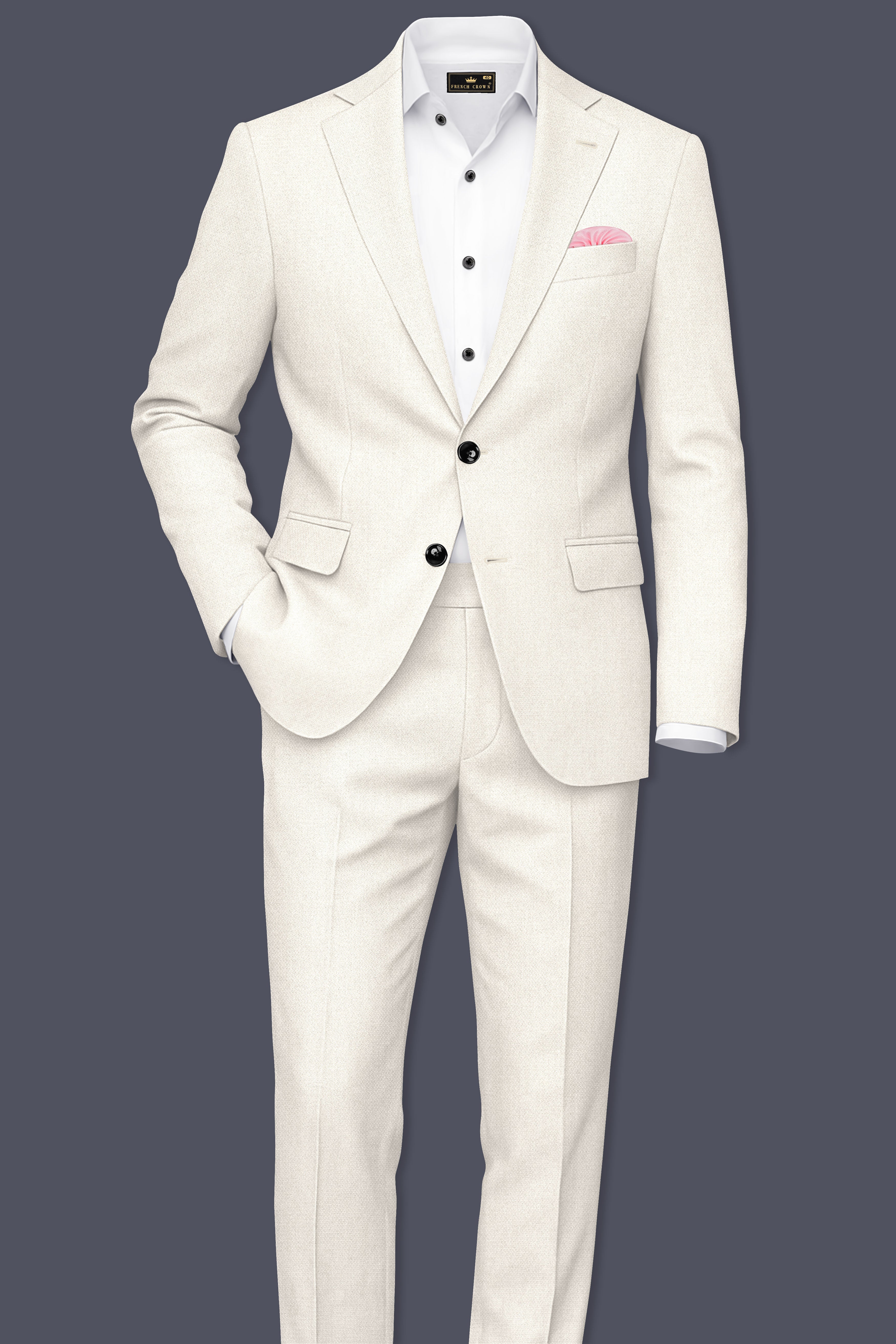 Ecru-Merino Off White Diamond Textured Wool Rich Slight Stretch Single Breasted Suit