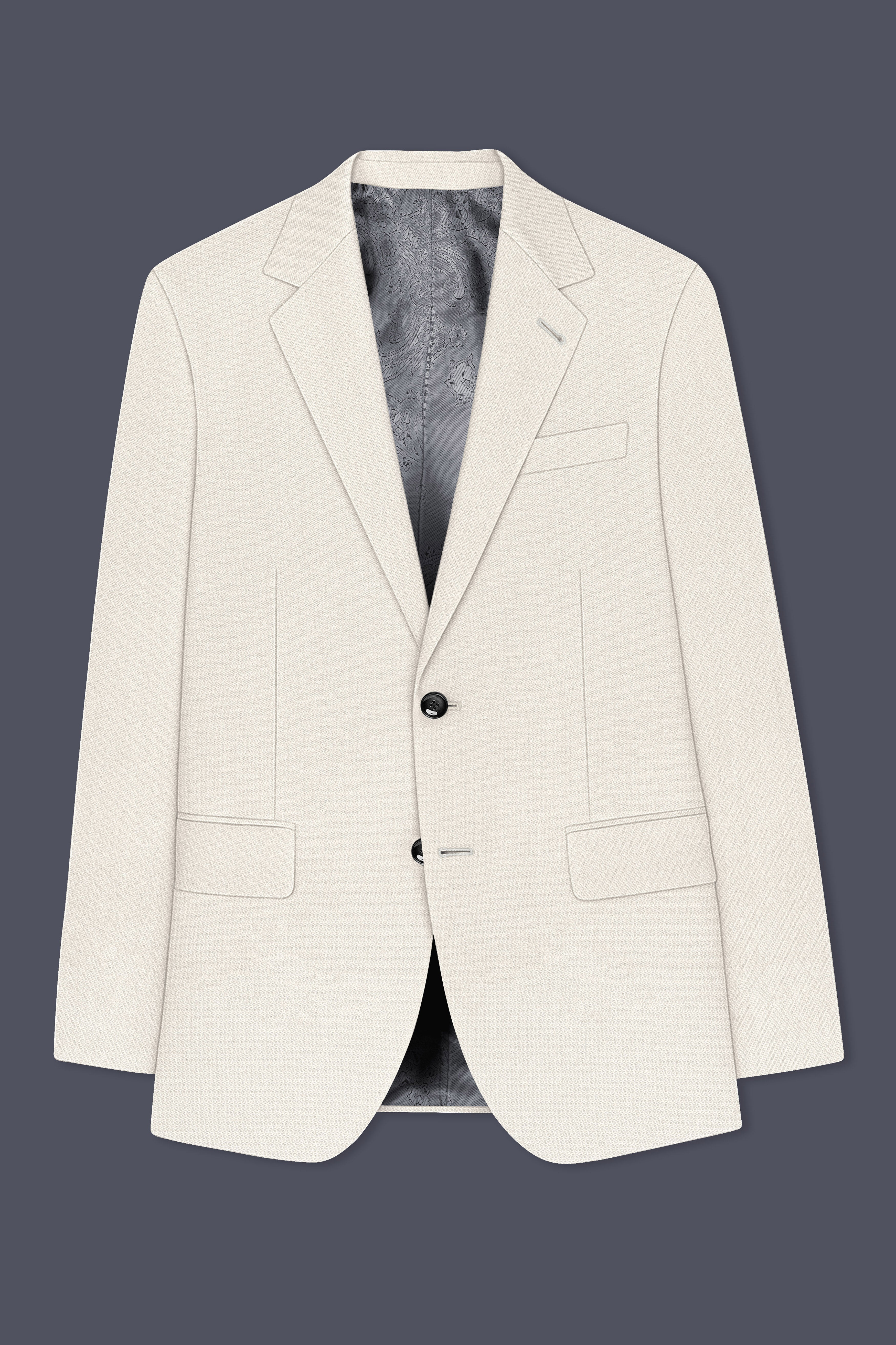 Ecru-Merino Off White Diamond Textured Wool Rich Slight Stretch Single Breasted Suit