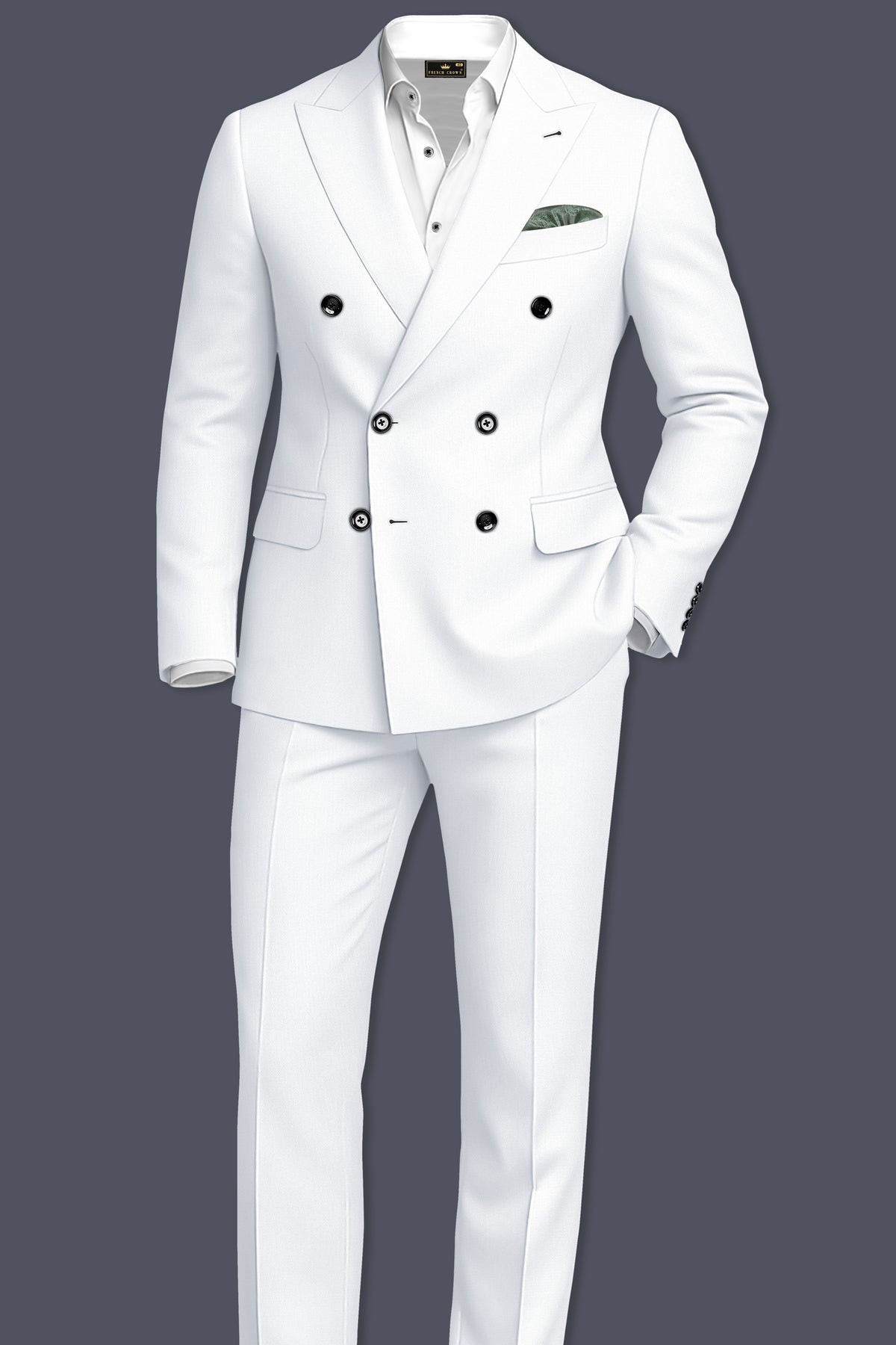 Sterling-Bright White Diamond Textured Wool Rich Slight Stretch Double Breasted Suit