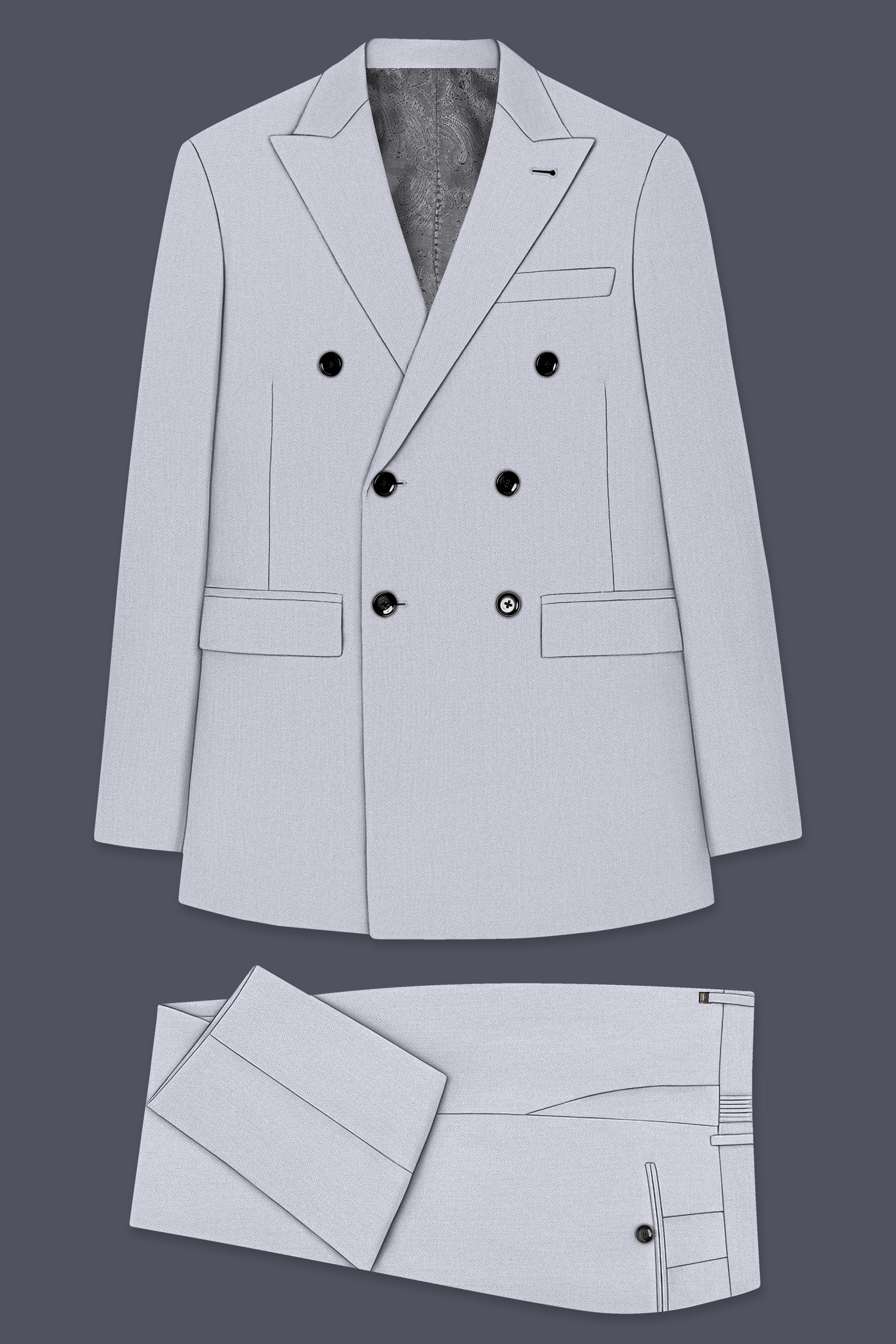 Mist-Spun Pearl Gray Diamond Textured Wool Rich Slight Stretch Double Breasted Suit