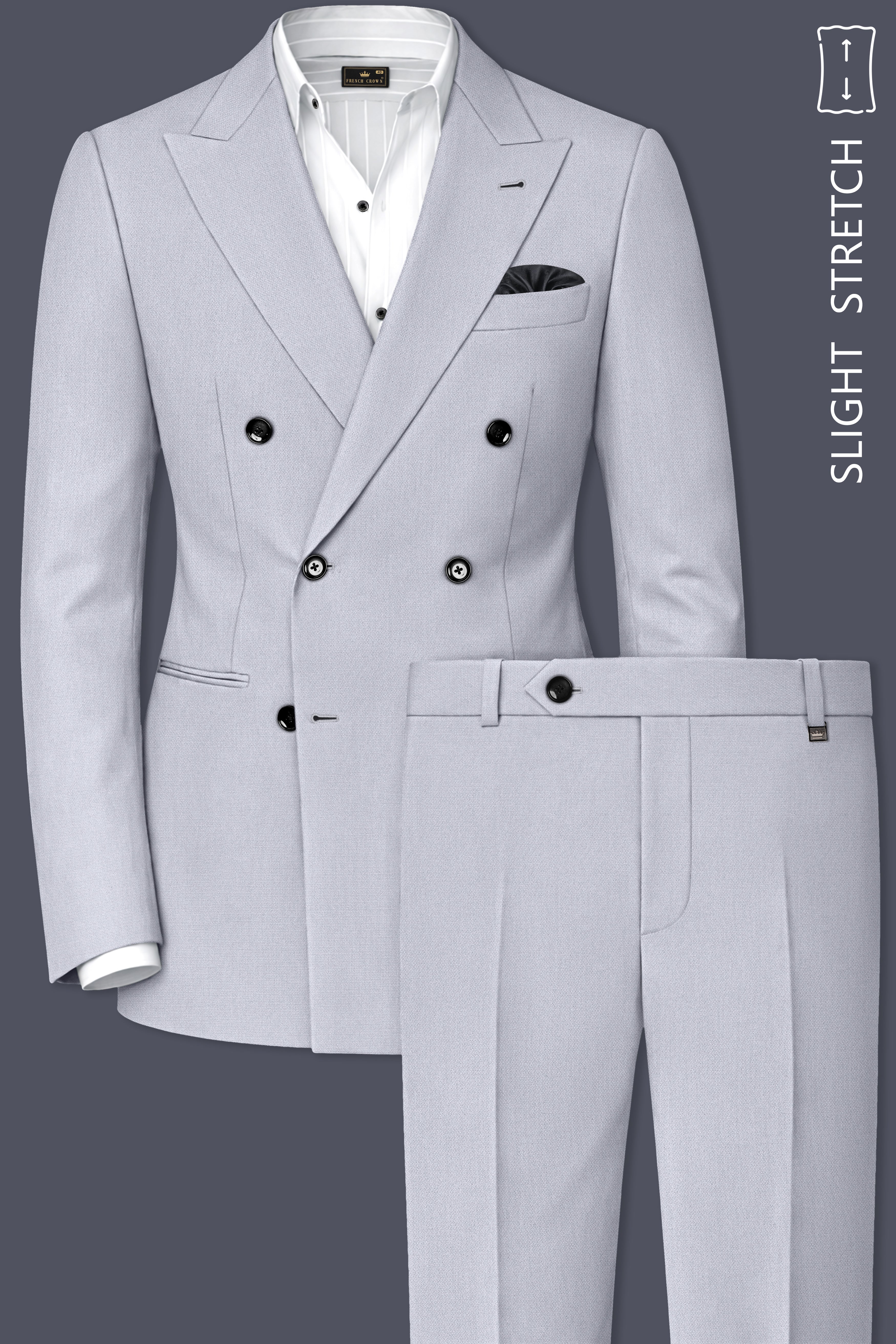Mist-Spun Pearl Gray Diamond Textured Wool Rich Slight Stretch Double Breasted Suit