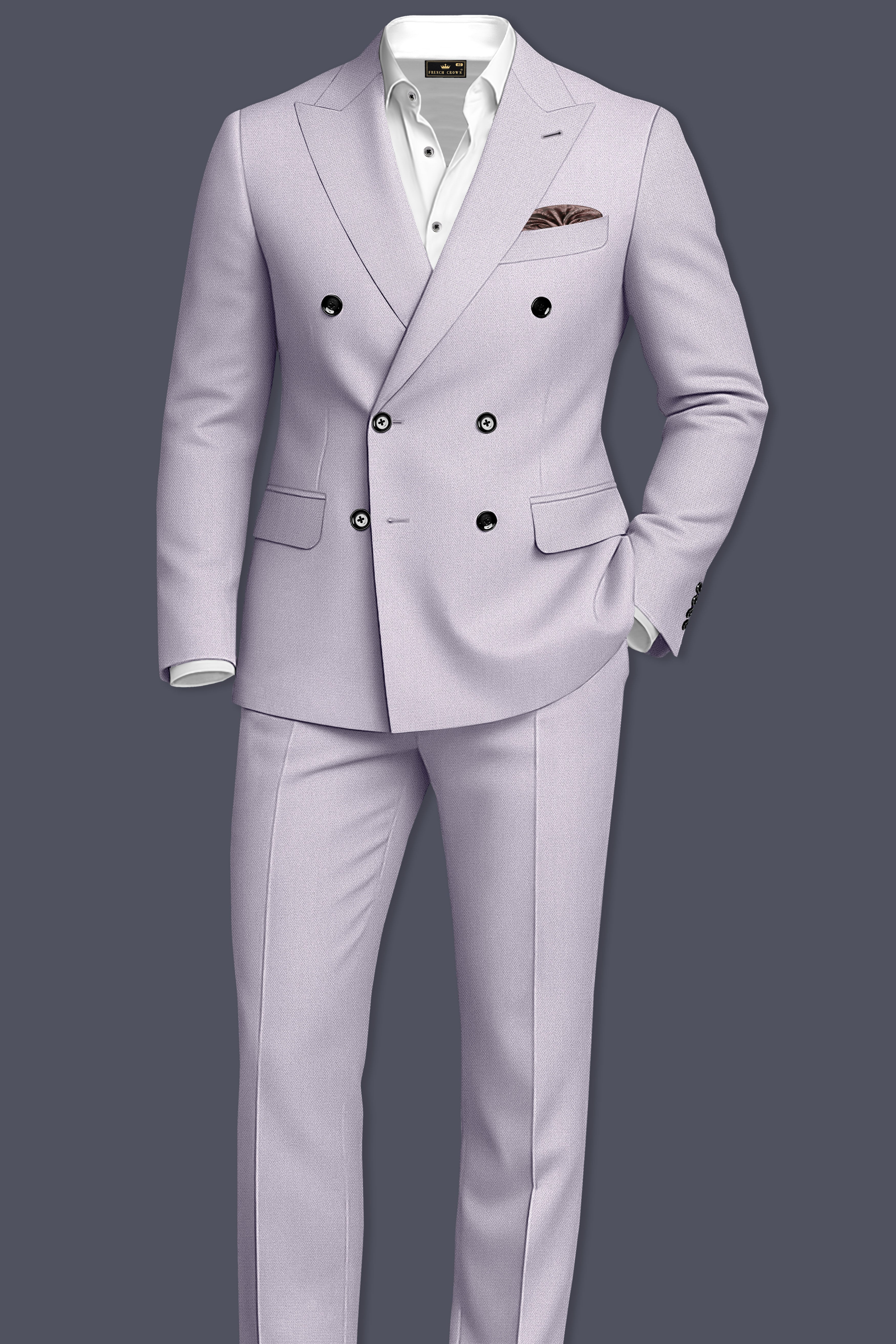 Mist-Spun Pearl Gray Diamond Textured Wool Rich Slight Stretch Double Breasted Suit