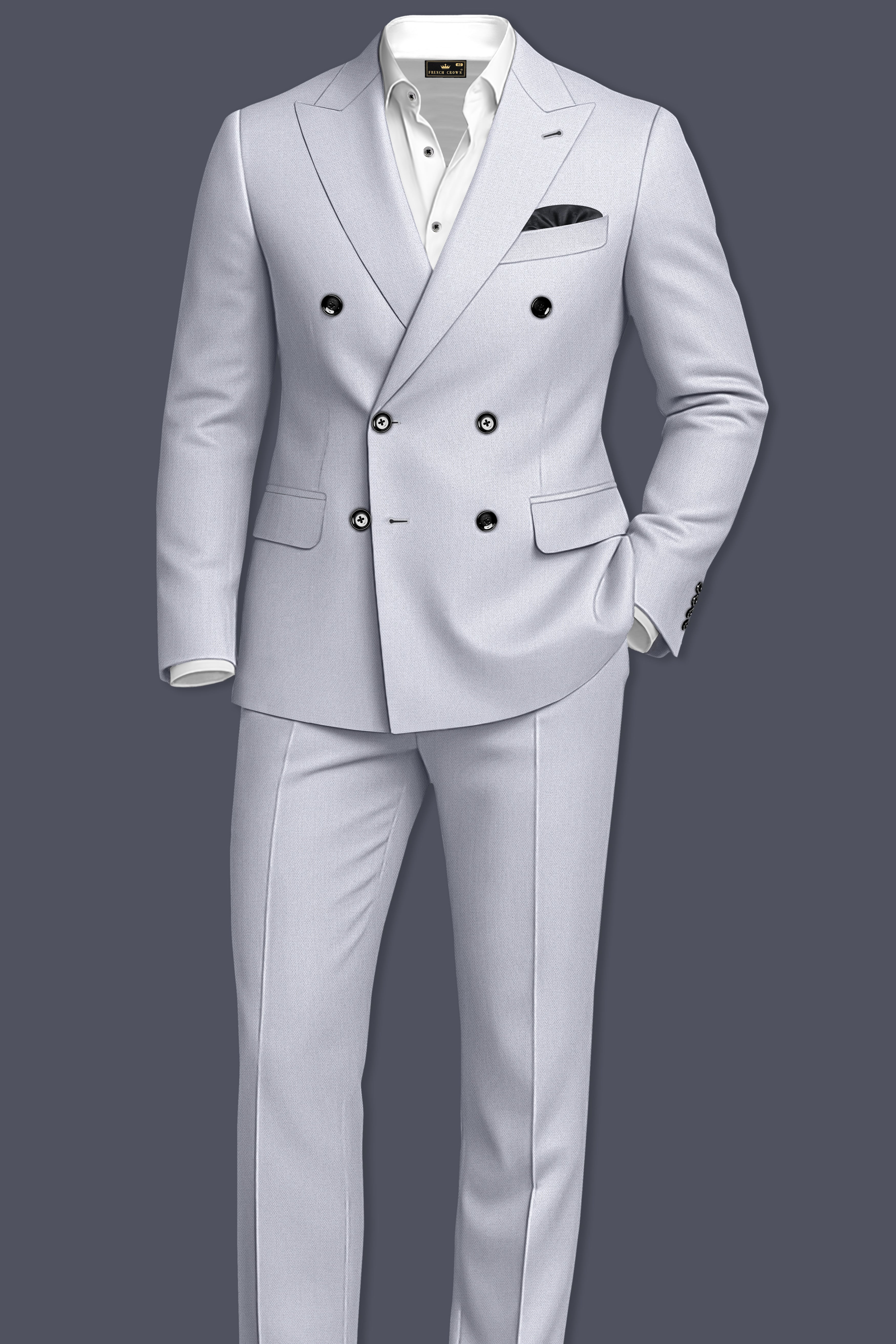 Mist-Spun Pearl Gray Diamond Textured Wool Rich Slight Stretch Double Breasted Suit