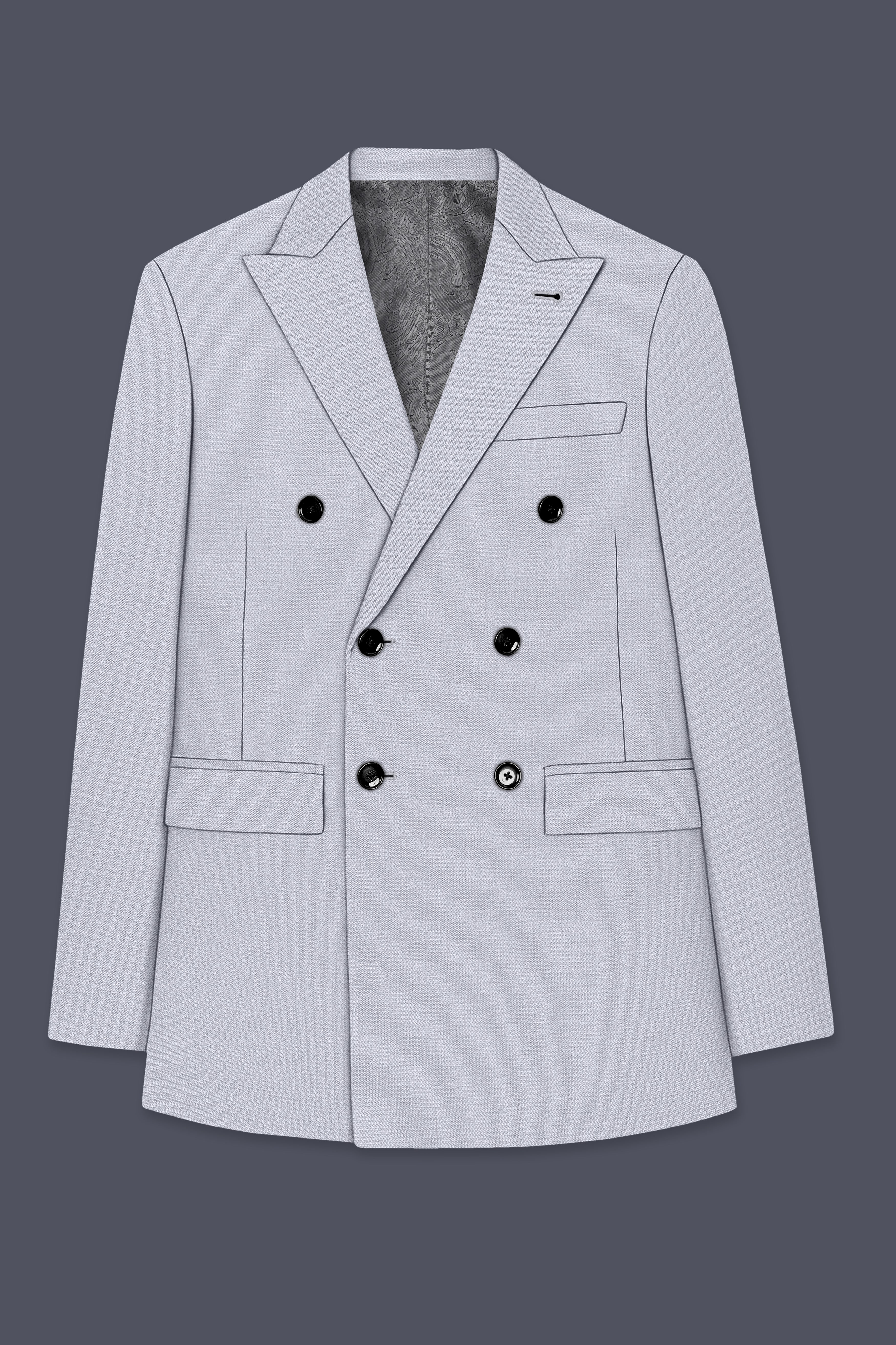 Mist-Spun Pearl Gray Diamond Textured Wool Rich Slight Stretch Double Breasted Suit